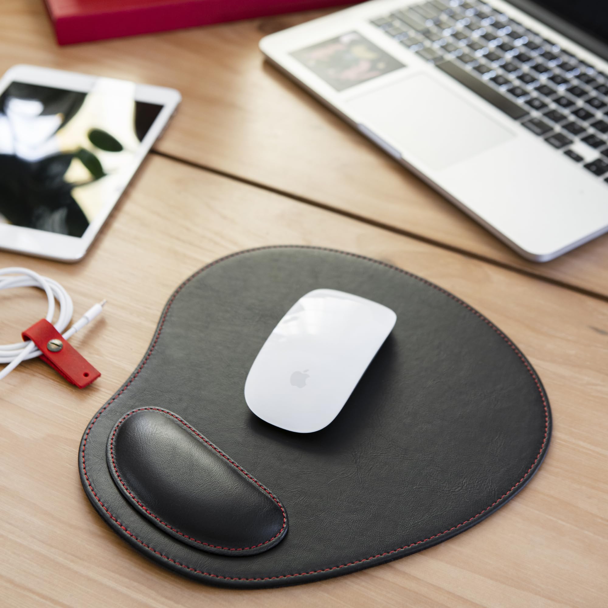 Londo Tapis de Souris Ovale en Cuir PU avec Repose Poignet - Ergonomique Confort Tapis de Souris