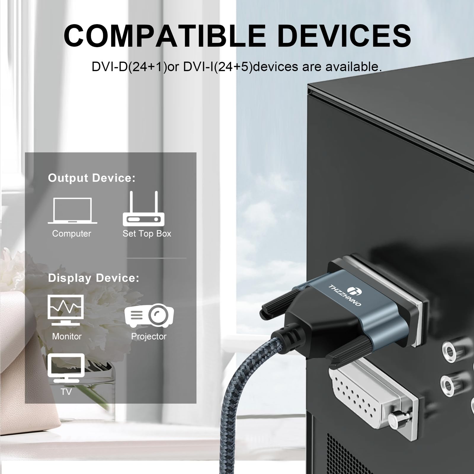 Thzzhnno Cavo DVI a DVI 2M, Placcato oro Intrecciato DVI D 24+1 a DVI Ad Alta Risoluzione 2560x1600 1080P per Giochi, DVD, laptop, PC, Display