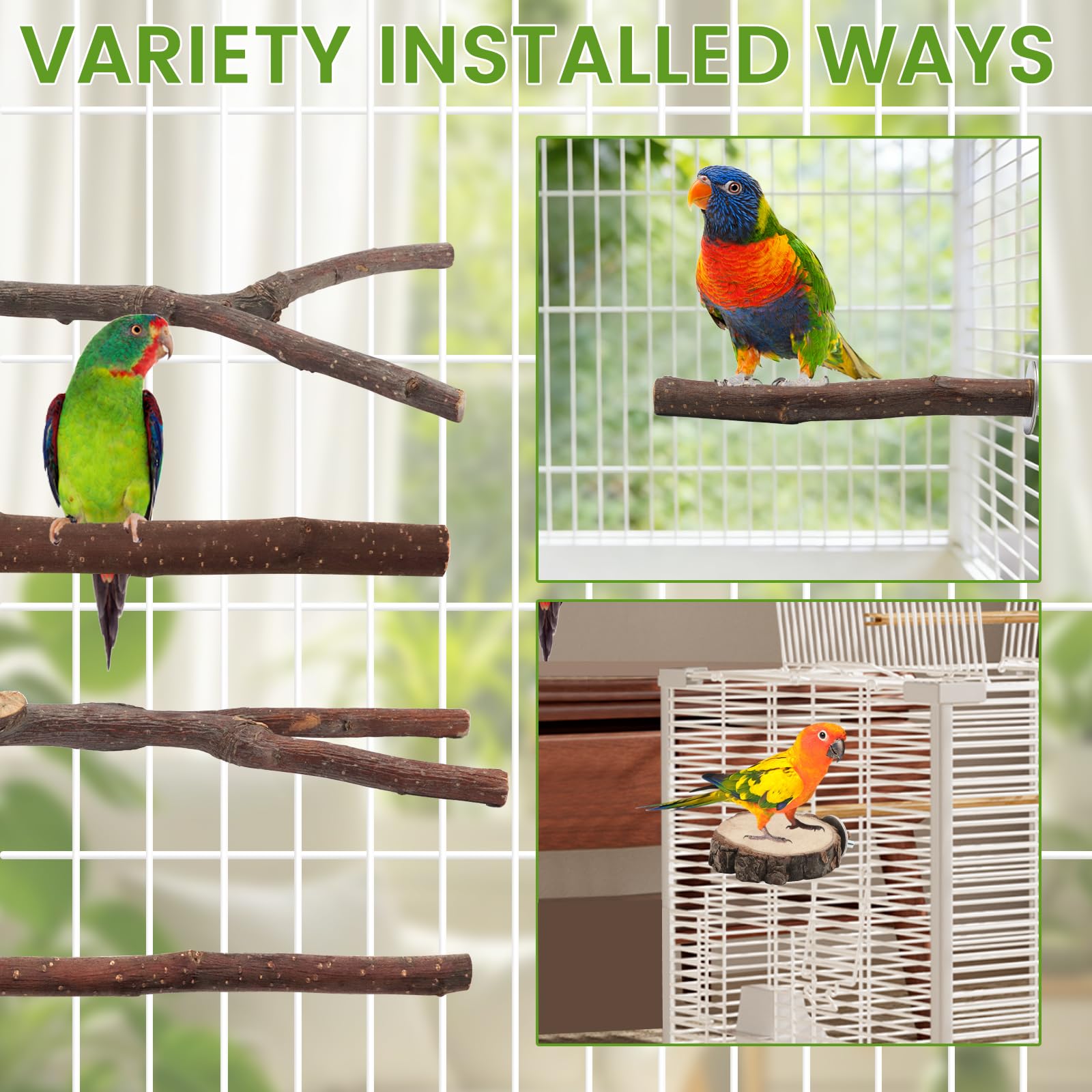 BILLIOTEAM 9PCS Apple Wood Bird Perches, Natural Parrot Stand & Chewing Toy with Multi-Branch, Straight Perch Stand, Platform & Climbing Rope, Cage Accessories for Parakeets, Cockatiels, Budgies - image 6