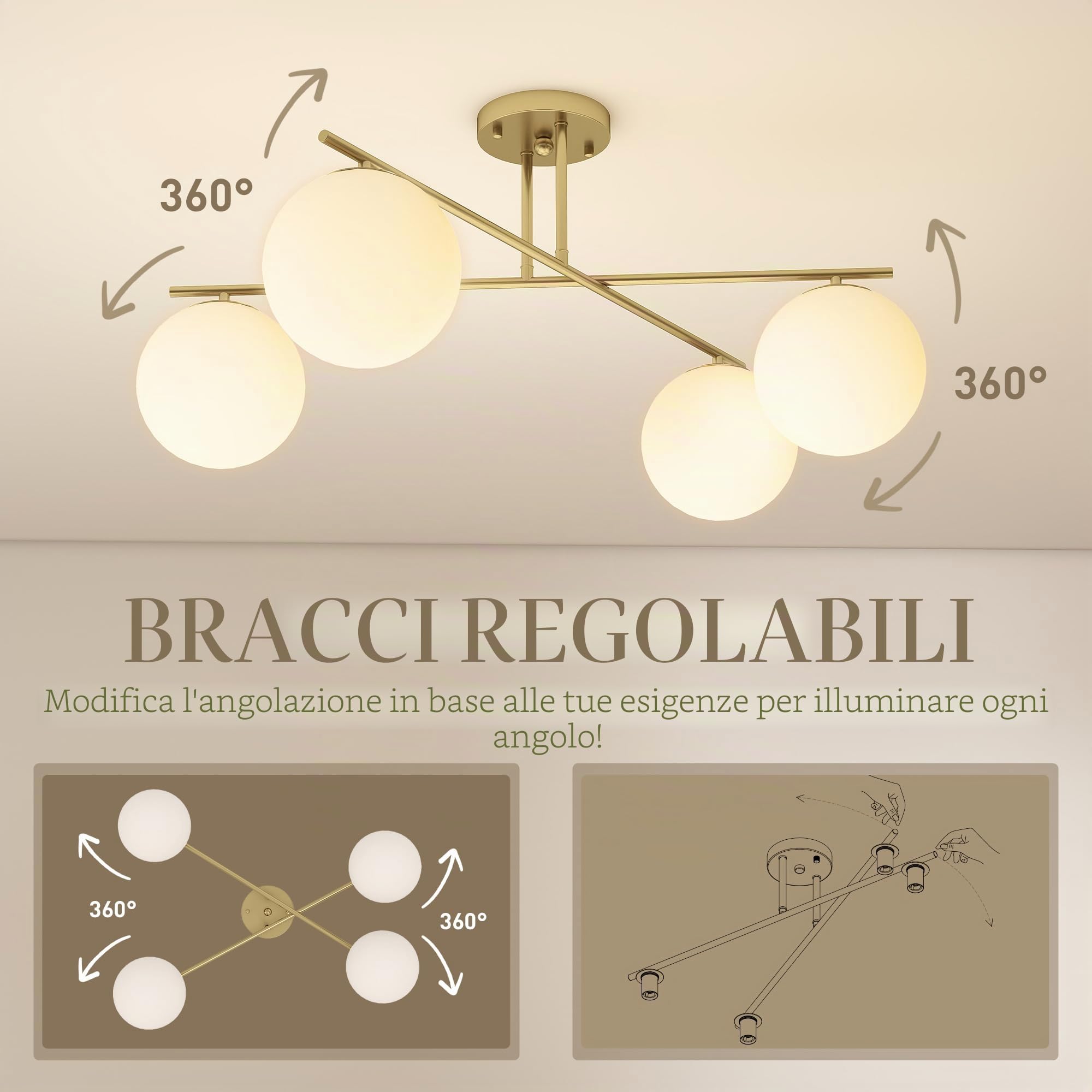 HOMCOM LED Lampada da Soffitto 40W 4x E14 Semi-Incasso Oro e Crema | Lampada da soffitto moderna per soggiorno, corridoio, sala da pranzo, cucina