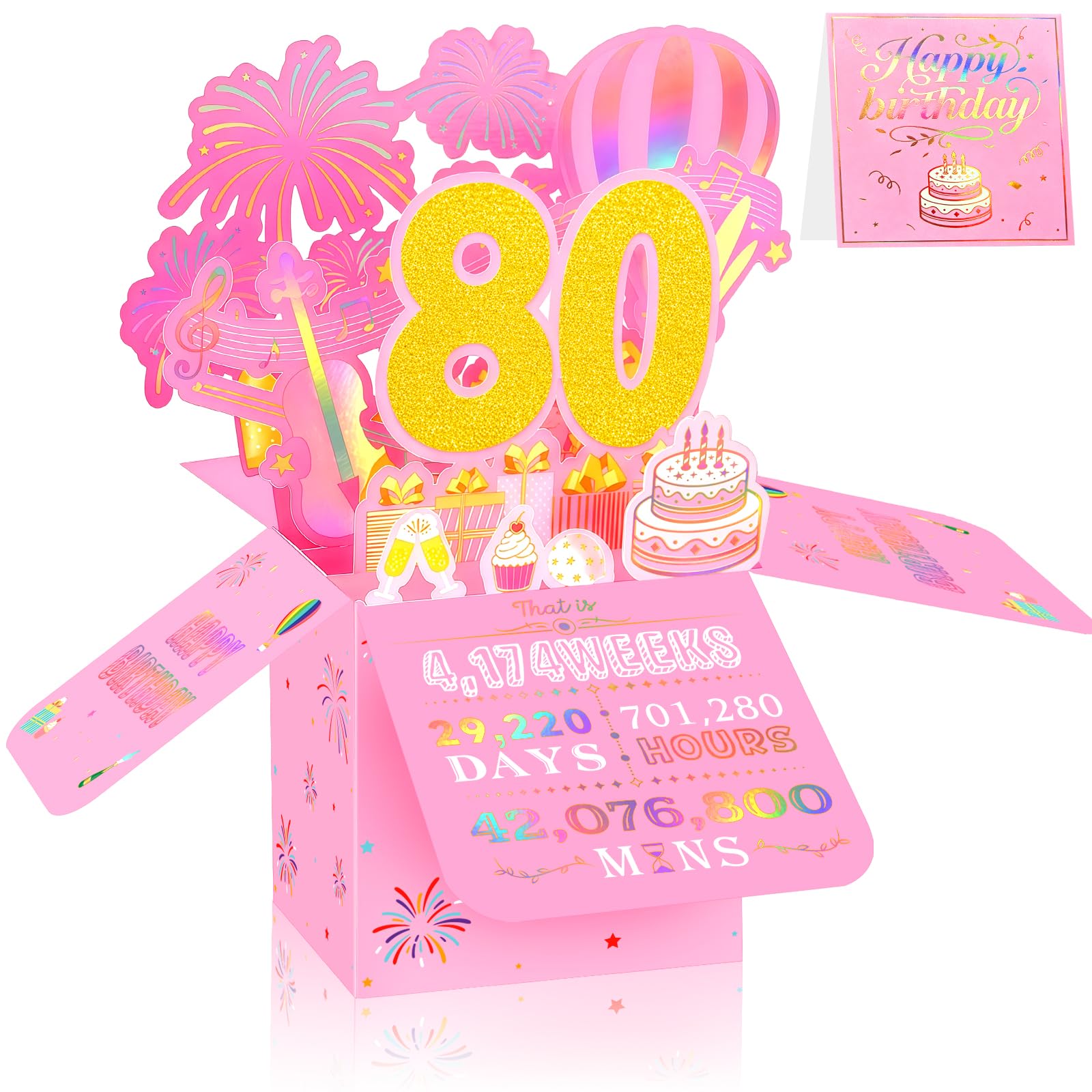 80th Birthday Card for Women, 3D Pop Up Birthday Greeting Card, Pink & Gold 80 Years Old Birthday Decorations for Her, Ideal for Mother, Sister, and Special Cousin