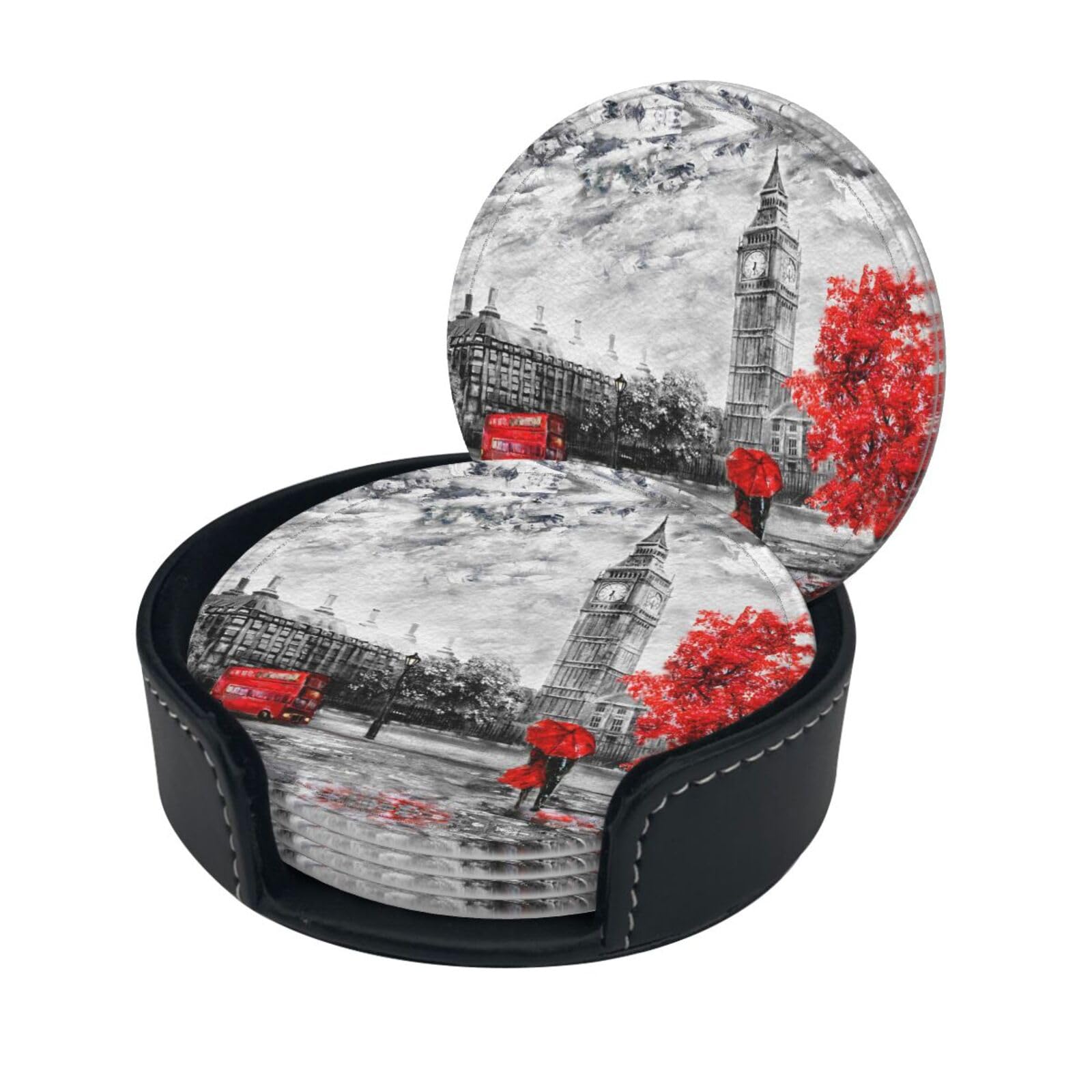 Red London Street Print Coaster With Storage Box For Home, Office, And Restaurant Use