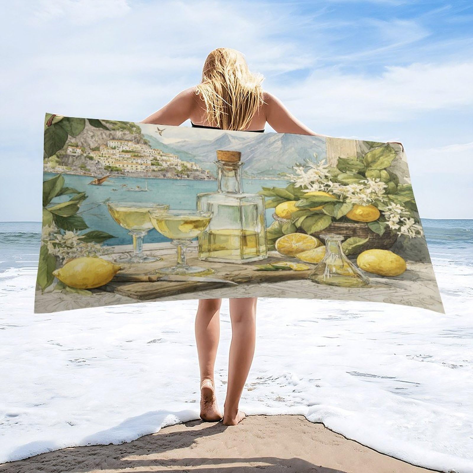 Luyysky Vintage Modern Fruit Lemon Absorbent Beach Towel, Retro European Italian Nautical City Plant White Flowers Wine Outdoor Single-Sided Velvet Beach Towel-80 W Cm X 160" L Cm