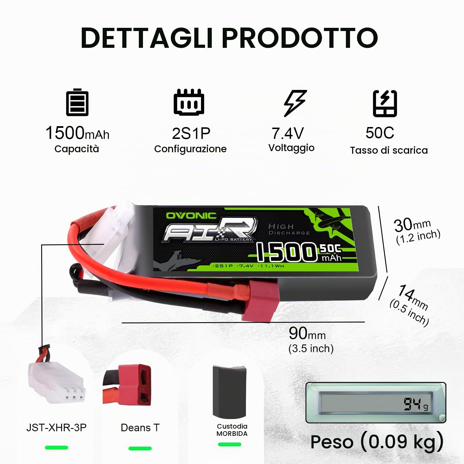 OVONIC Batteria Lipo 2s 7.4V 50C 1500mAh con connettore Deans T per RC Aereo Elicottero Auto Camion Truggy RC Hobby FAI DA TE