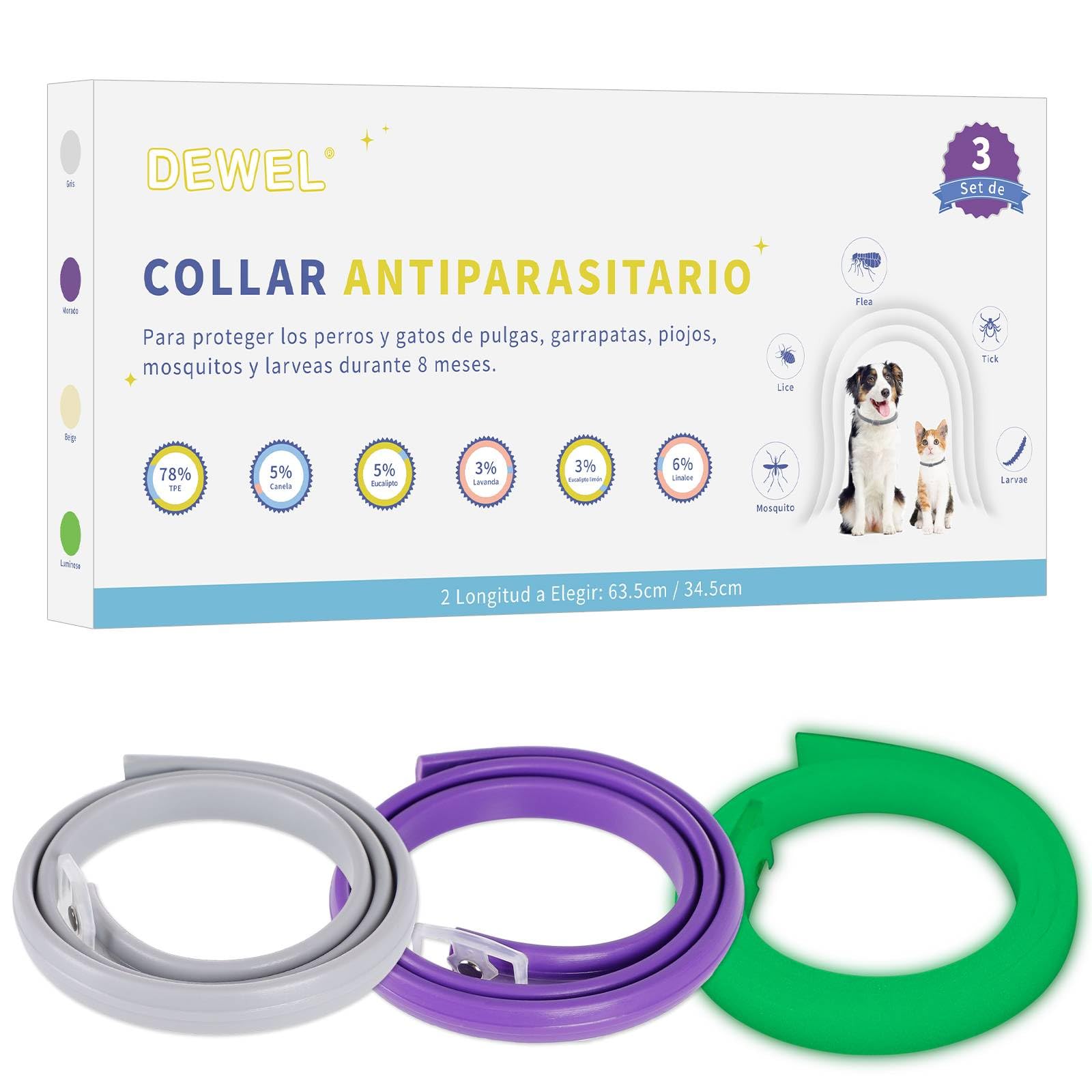DEWEL Collares Antiparasitarios, Collares contra Pulgas y Garrapatas para Perros y Gatos, Collares Antipulgas Ajustable para Mascotas (3 Colores, 63.5 cm)