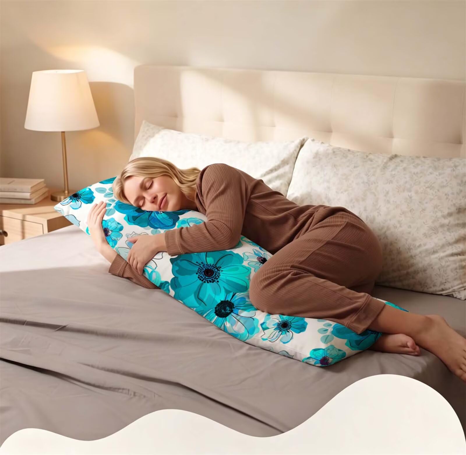 Fodera Cuscino 55 x 160 cm, Blu-11 Velluto Copricuscini Letto, | con Invisibile Cerniera, Morbida e Traspirante, per biancheria da letto, divano, hotel, chi dorme sul fianco Fiore-2 j-333