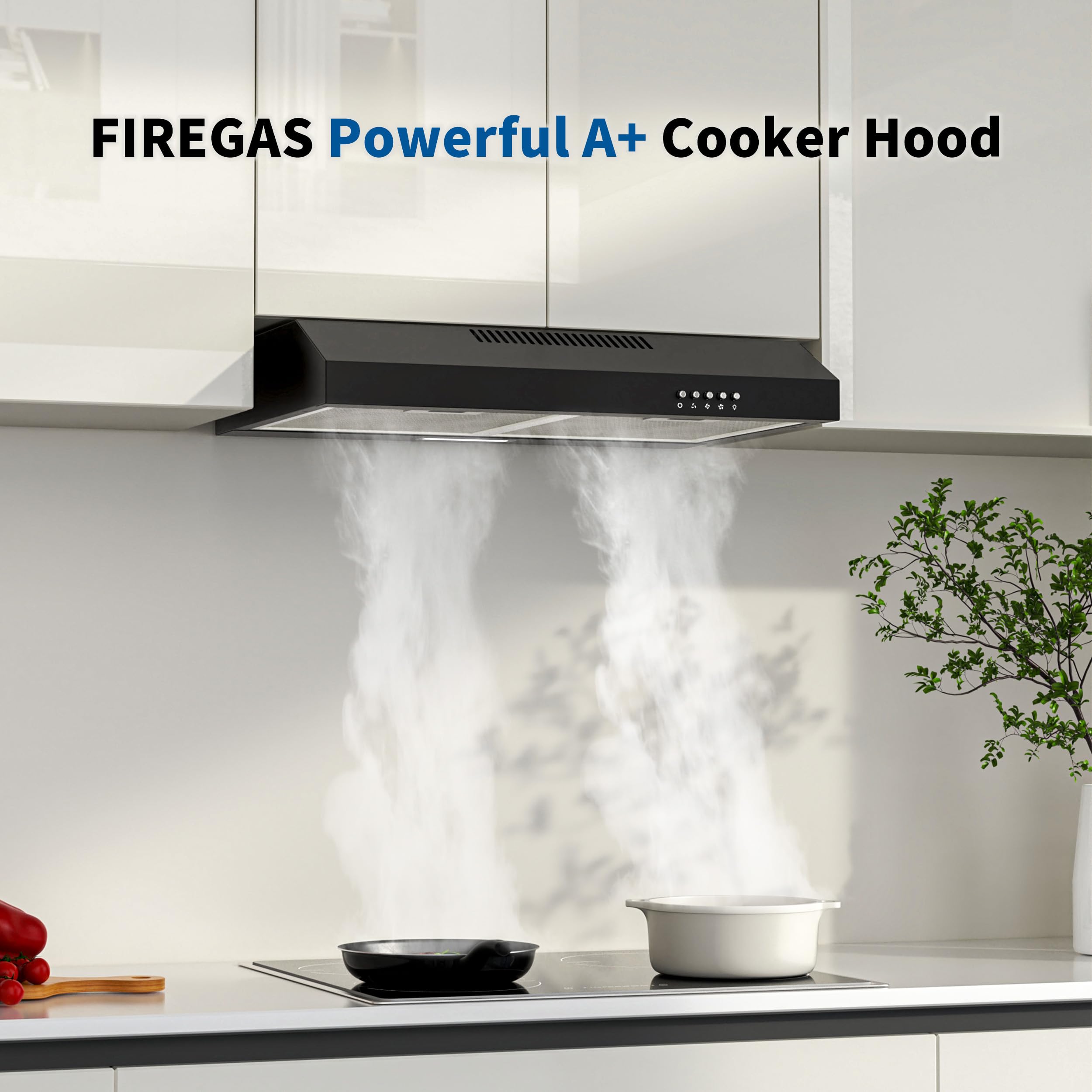 FIREGAS A+ Okap kuchenny do zabudowy 60 cm, powietrze wylotowe i obiegowe, 3 poziomy mocy, filtr węglowy w zestawie, cichy i energooszczędny, oświetlenie LED, czarny okap kuchenny