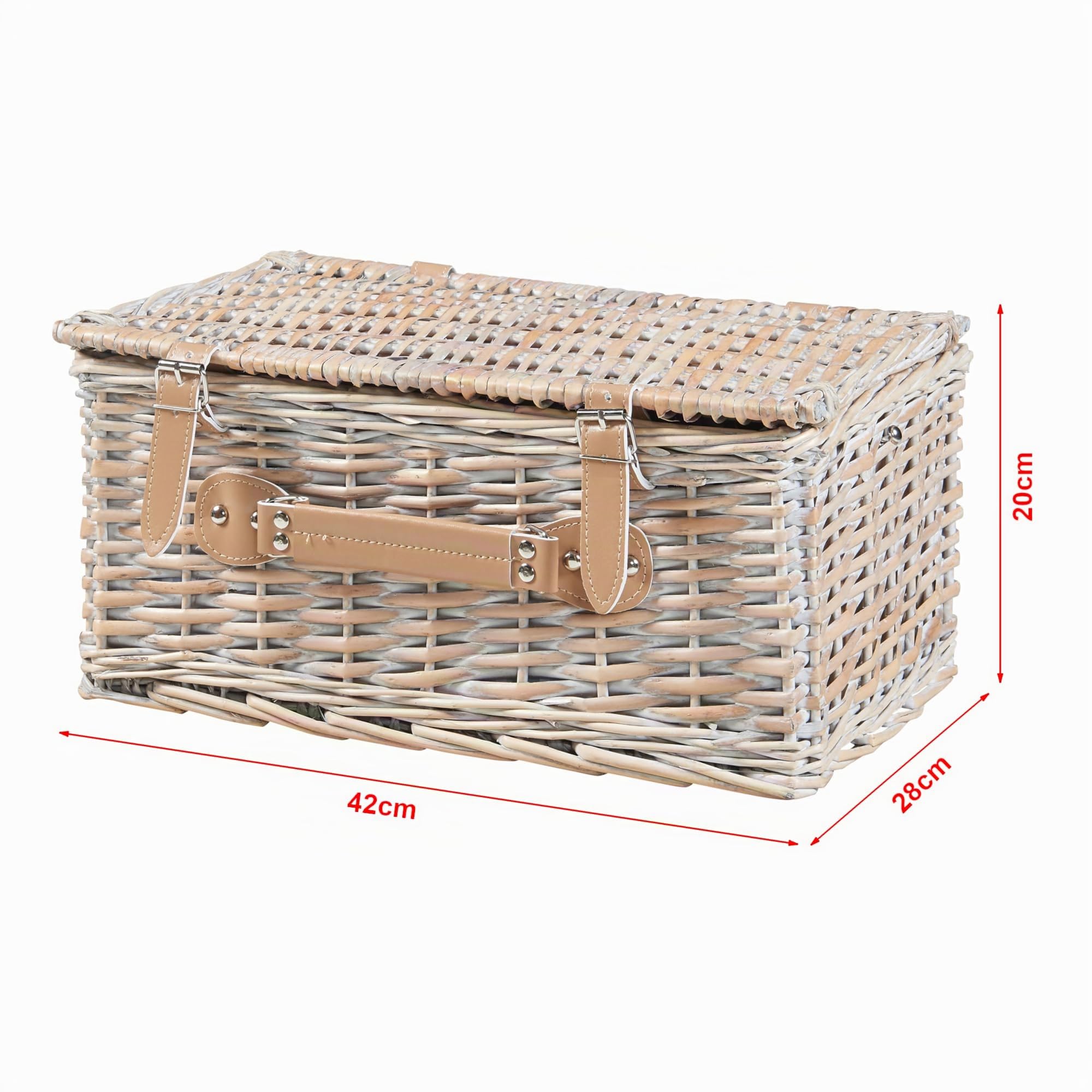 casa.pro Juego de Cesta de Pícnic para 4 Personas con Platos Cubiertos Espacio Amplio para Comida Refrescos Forro a Rayas Correas de Polipiel Mimbre 42 x 28 x 20 cm - Blanco/Azul