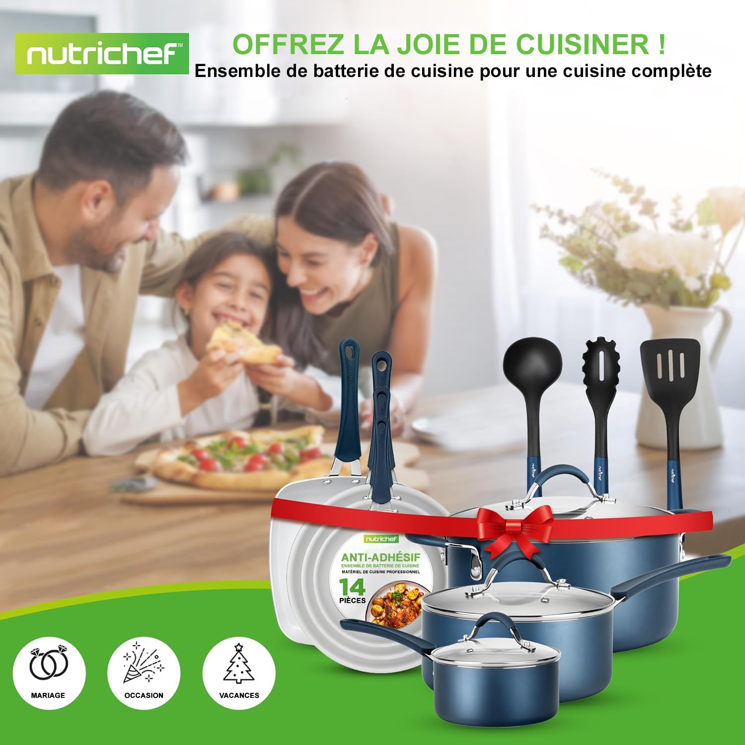 NutriChef Batterie de Cuisine 14 Pièces Antiadhésive Induction Bleu – Casseroles Poêles Cocotte avec Couvercles et Ustensiles Cuisine Compatible Tous Feux Four