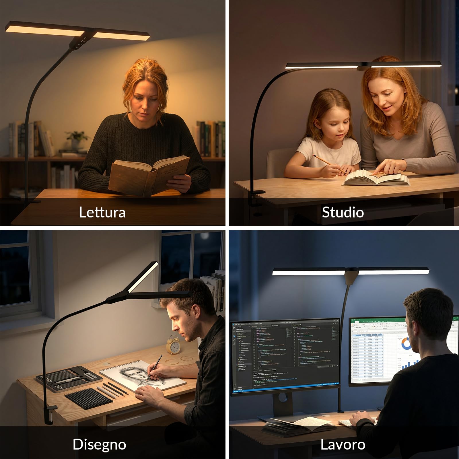 Lampada da Scrivania LED Dimmabile, Doppia Testa a Morsetto 68,5CM, Controllo Touch con 4 Temperature di Colore & 3 Luminosità, Lampada USB per Homeoffice Lettura Cucito Disegno
