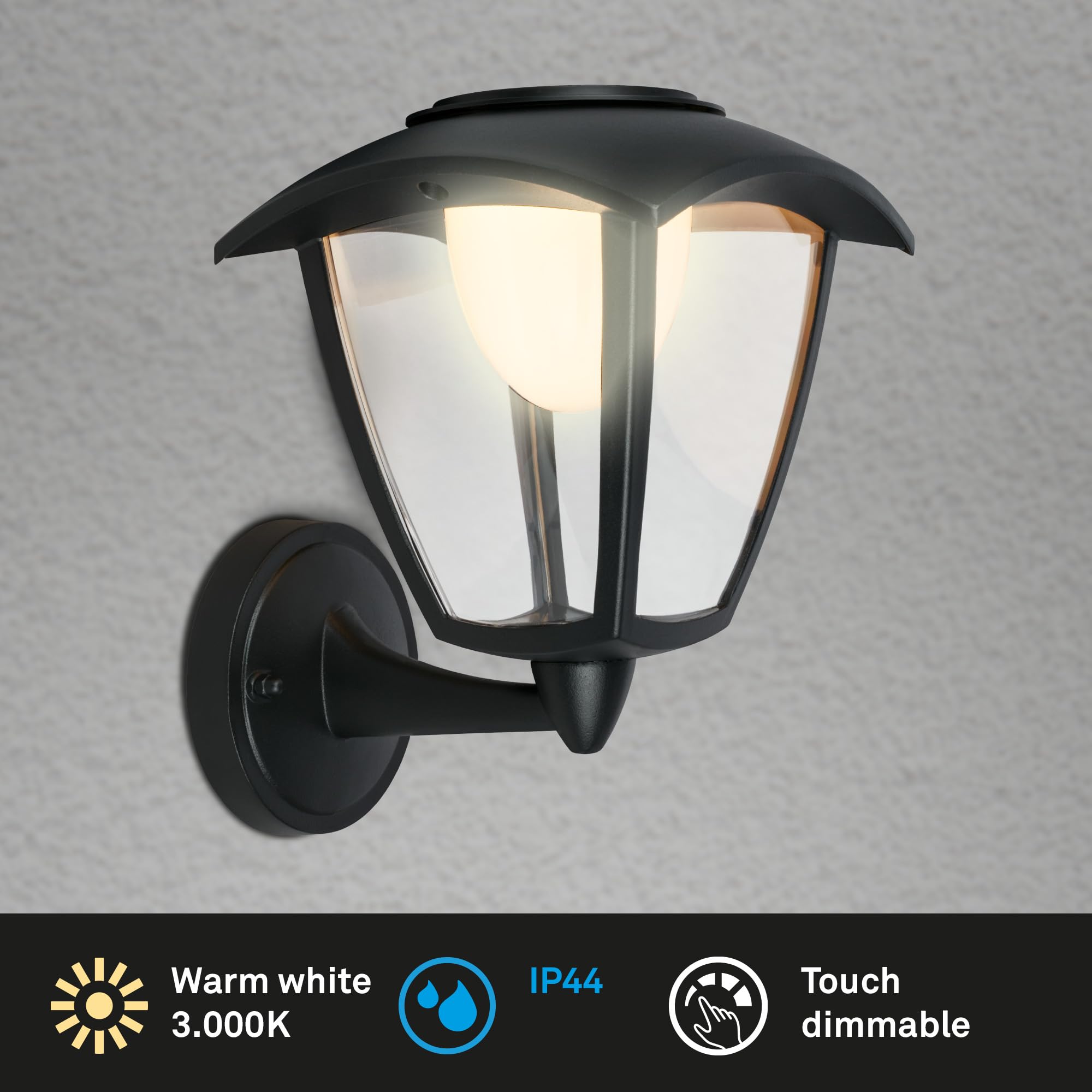 Briloner - Lampada da parete a LED touch, dimmerabile su più livelli, batteria sostituibile, lampada con batteria, esterna, illuminazione da parete esterna, lampada esterna, 23x19,5x16,5 cm, nero