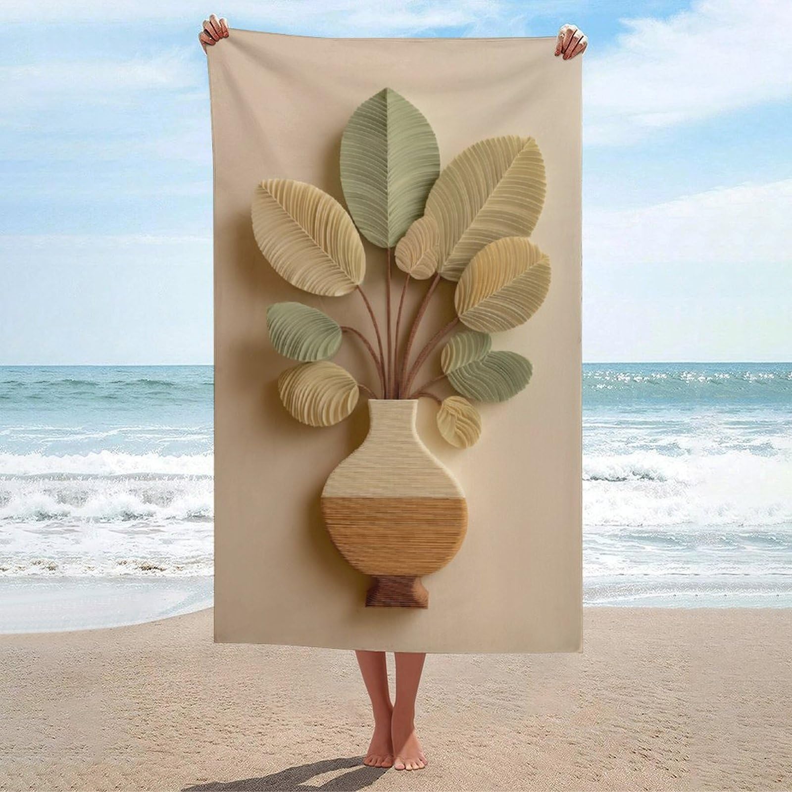 asbwuo Layered Paper Art Vase with Leaves Beach Towel