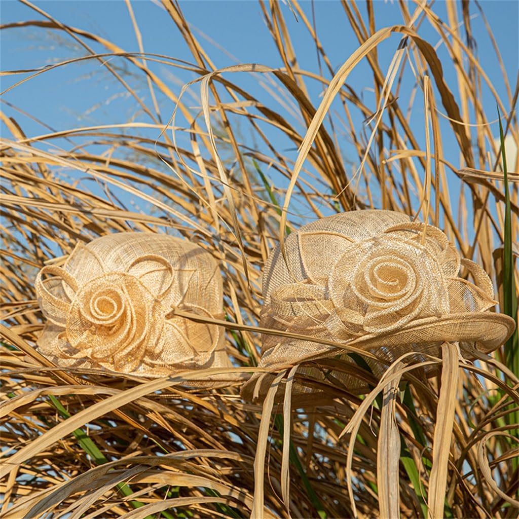 HBJWOV Sun Hat Travel Sunblock Hemp Hat Flower Decoration Elegant Top Hat Women