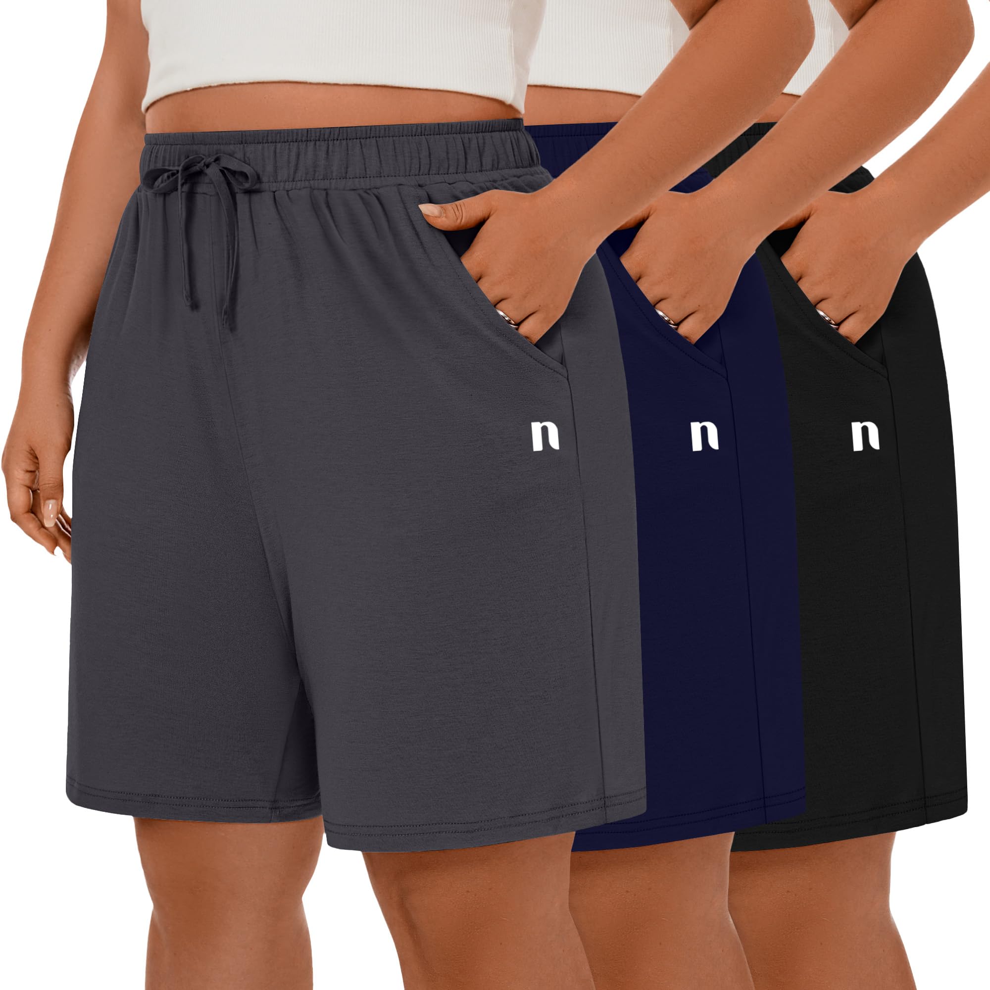 Neer 3 Pack Plus Size Women's Bermuda Shorts Cotton Drawstring High Waisted Casual Athletic Sweatpants Shorts with Pockets