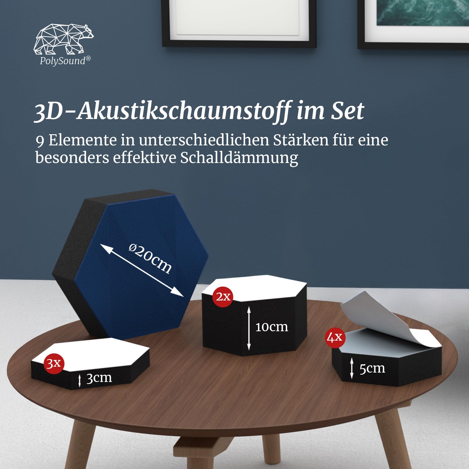 PolySound Eco - Paneles acústicos autoadhesivos, juego de 9 unidades, espuma 3D (3-10 cm), alto aislamiento acústico (αw 0,9), despegable sin residuos, blanco místico