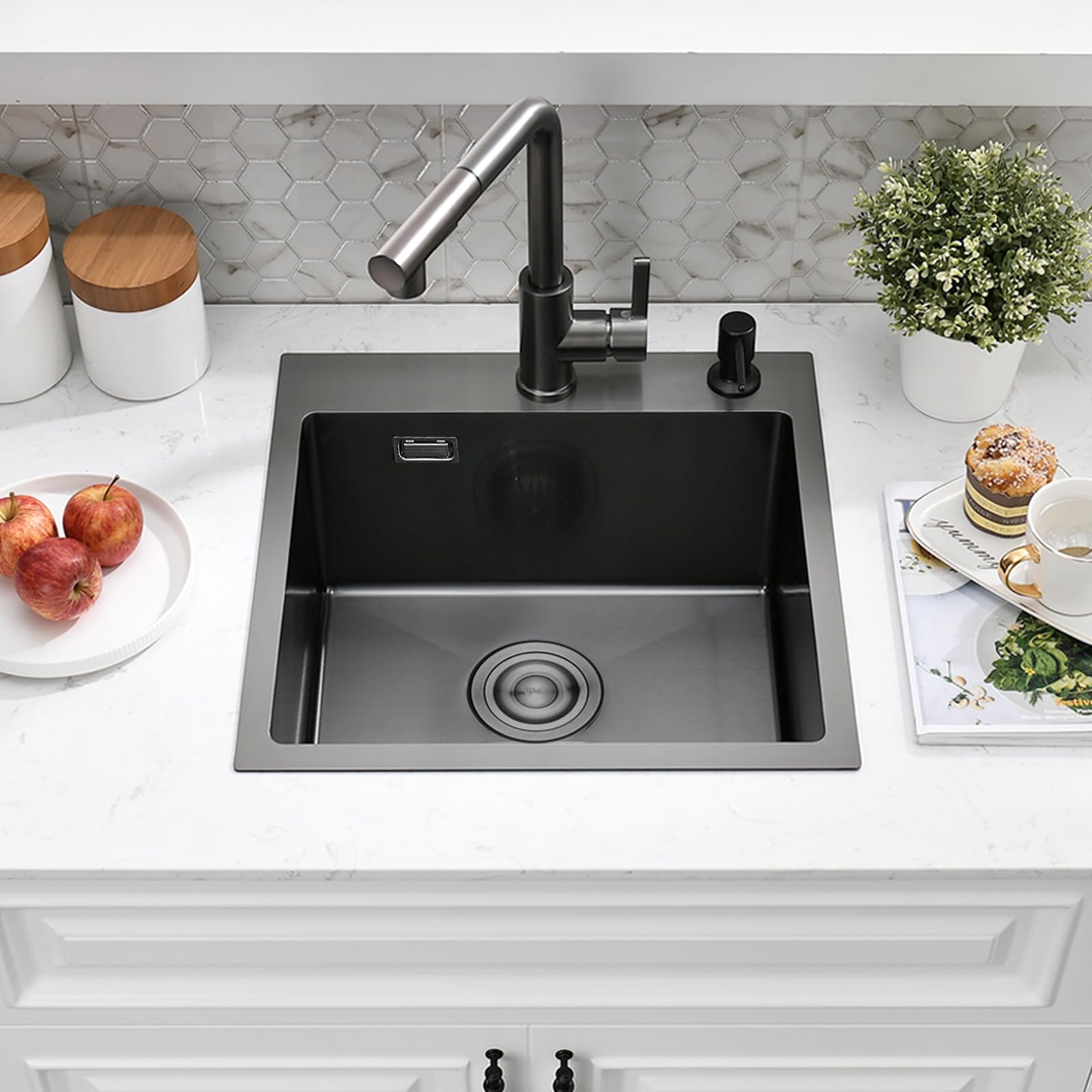 Bokaiya Lavandino Cucina Nero, 40x45 cm, Lavello Cucina 1 Vasca in Acciaio Inox, Lavello da Esterno per Camper con Set di Drenaggio e 2 Fori di Preforato, Installazione a Sopratop o Filotop