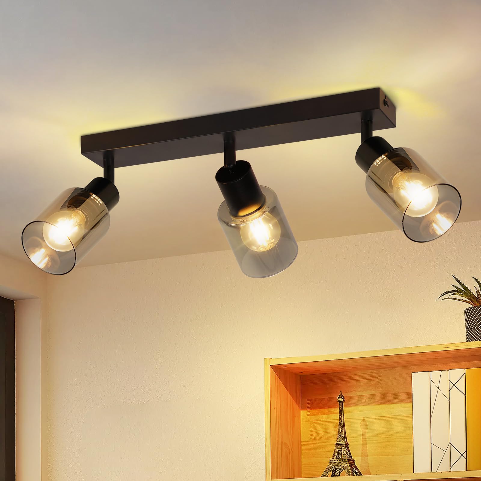 Kowanie Deckenstrahler 3 flammig Deckenlampe E14: Vintage Deckenleuchte Schwarz 350° Schwenkbar Küchenlampe Metall Deckenspots Glas Spotleuchte Wand für Wohnzimmer Flur Küche - Ohne Leuchtmittel