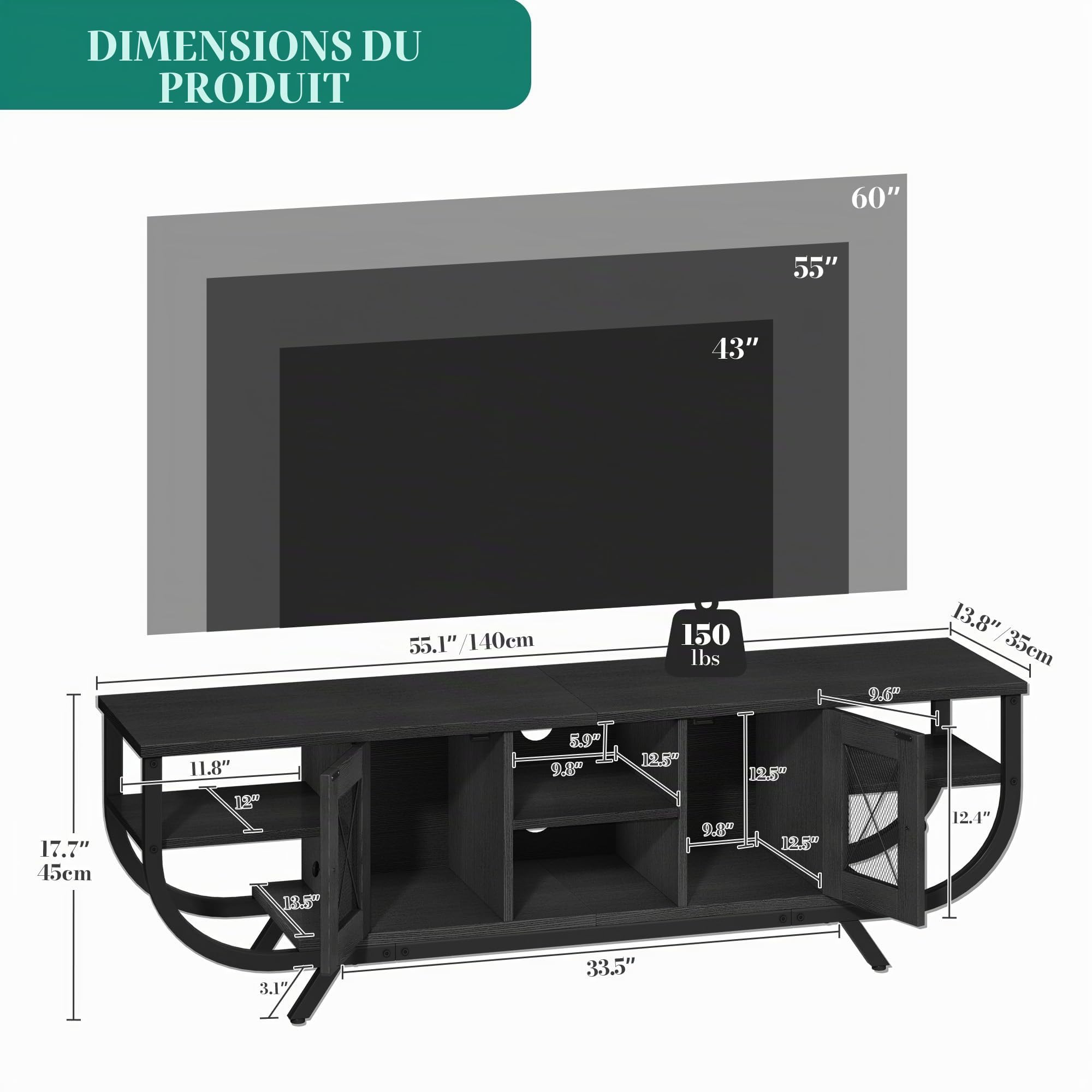 YITAHOME Meuble TV Industriel, Meuble Télé pour Téléviseur Jusqu’à 65 Pouces avec Rangement Spacieux, Éclairage LED RGB, Cadre en Métal, Meuble Tele Salon, Chambre (Noir, 140CM)