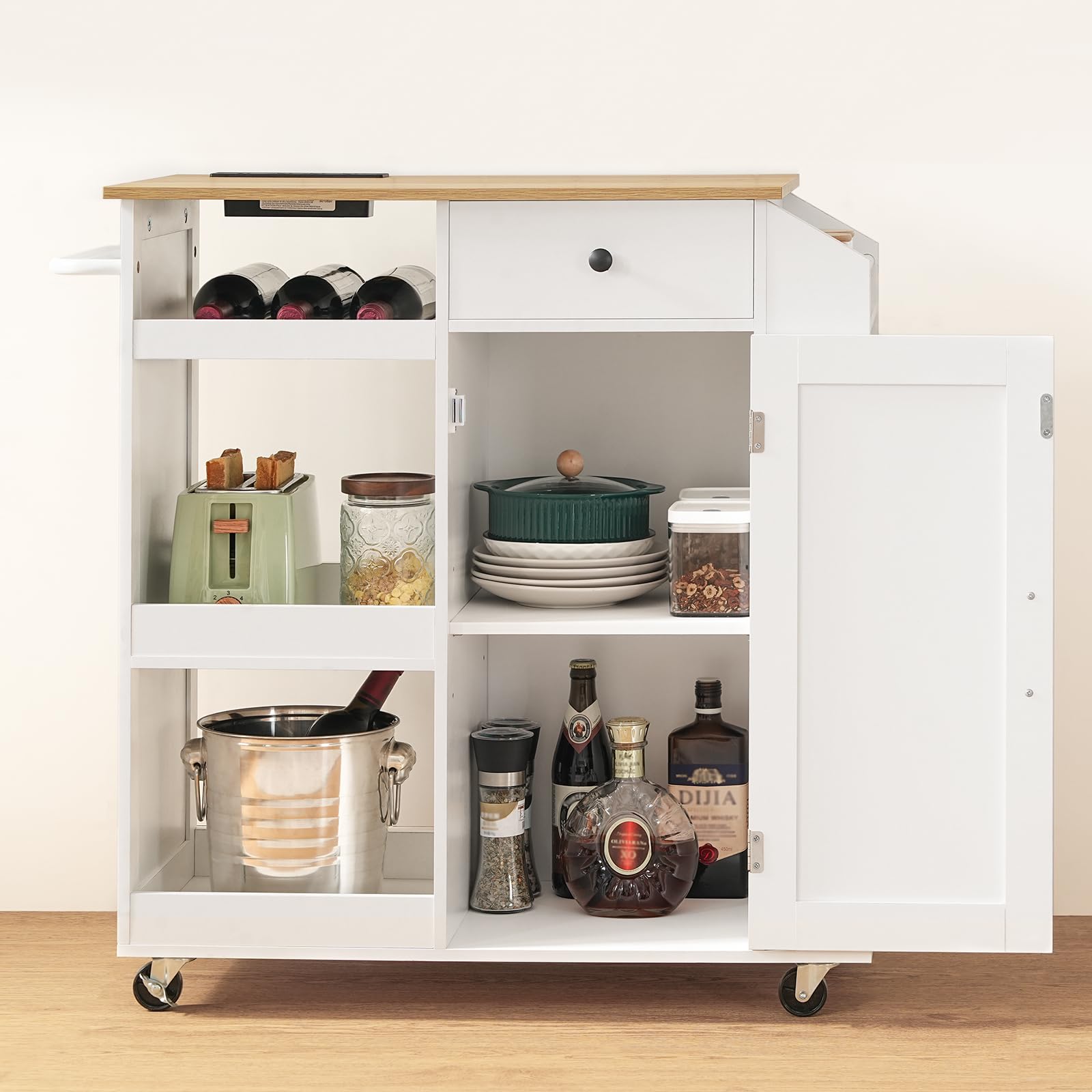 MAHANCRIS Carro de Cocina, Isla de Cocina, con Armario de Almacenamiento, Cajón y Especiero, Carrito Auxiliar con Enchufe Múltiple, para Comedor, Blanco y Natural AKINW122UE01