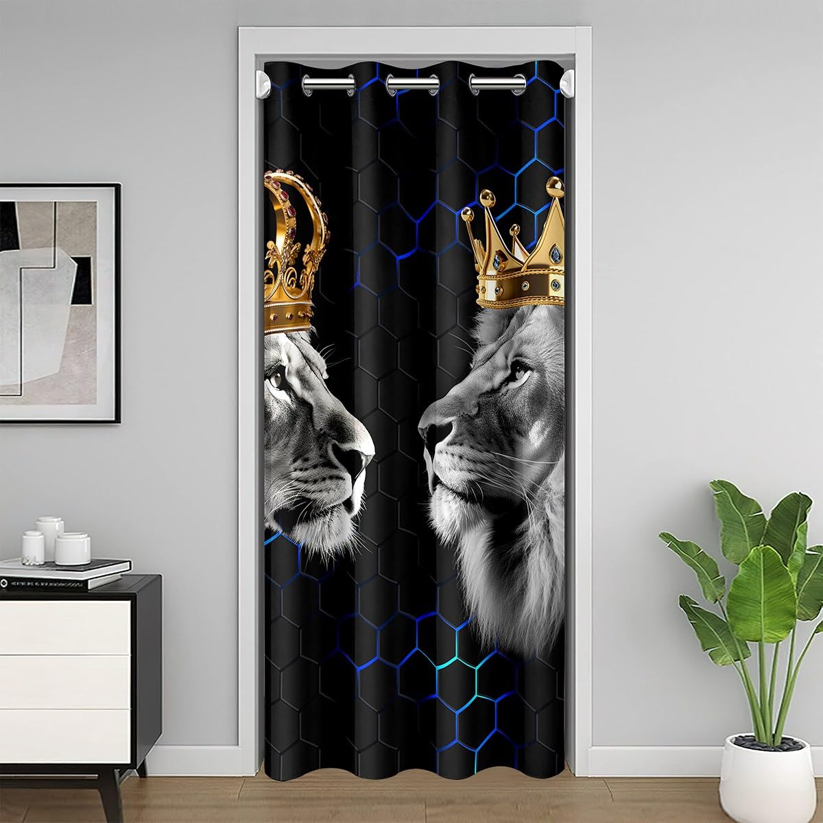richhome Abstract Lion Door Curtain34 W X80 L Neon Light Blue Black Honeycomb Plaid Doorway Curtain Privacy For Kids Teens Adults Gray Wild Animals Rustic Modern Drape For Bedroom Doors Windows — image 1
