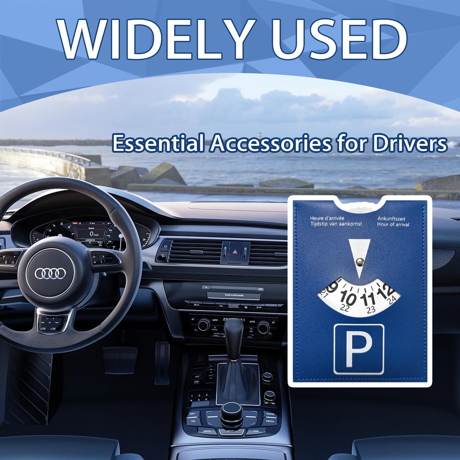 Discos de aparcamiento de lujo maxi de piel sintética suave, modelo de lujo para uso en toda Europa, reloj de parquímetro, accesorio universal para coche, moto, autocaravana (azul)