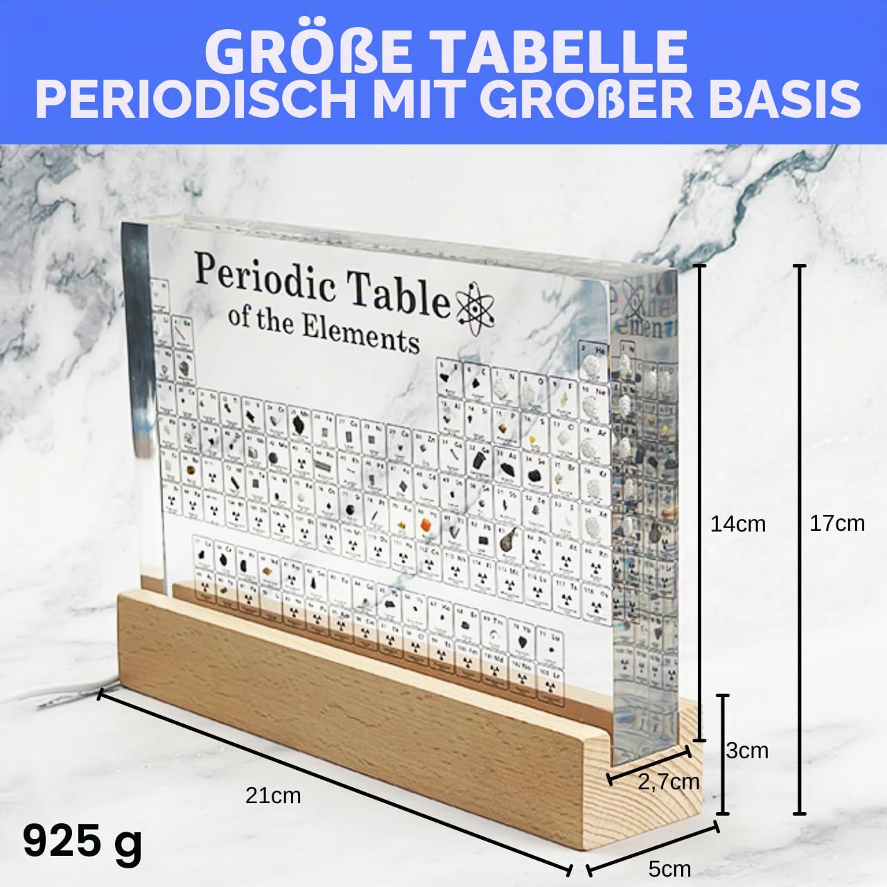 Periodensystem mit echten Elementen, groß (21 x 14 x 2,7 cm), Holzsockel, transparentes Board und Holzständer mit weißem LED-Licht, chemisches Geschenk für Schüler und Lehrer