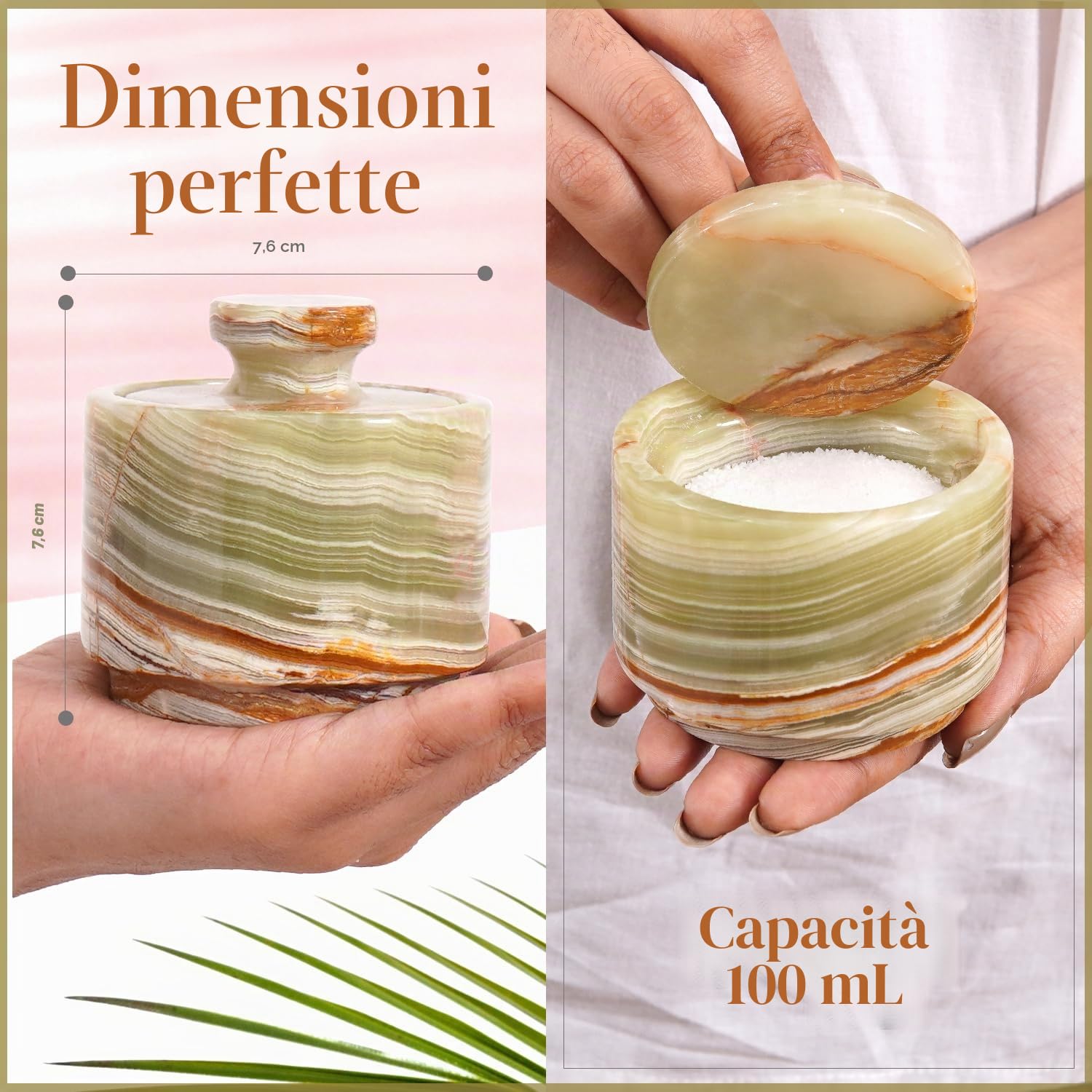 MARBLOUS KRAFTS Elegante distributore di zucchero in marmo da 99,2 g, contenitore per sale e decorazione in marmo, 7,6 x 7,6 cm, decorazione da cucina e sale e pepe, dispenser di sale (onice verde)