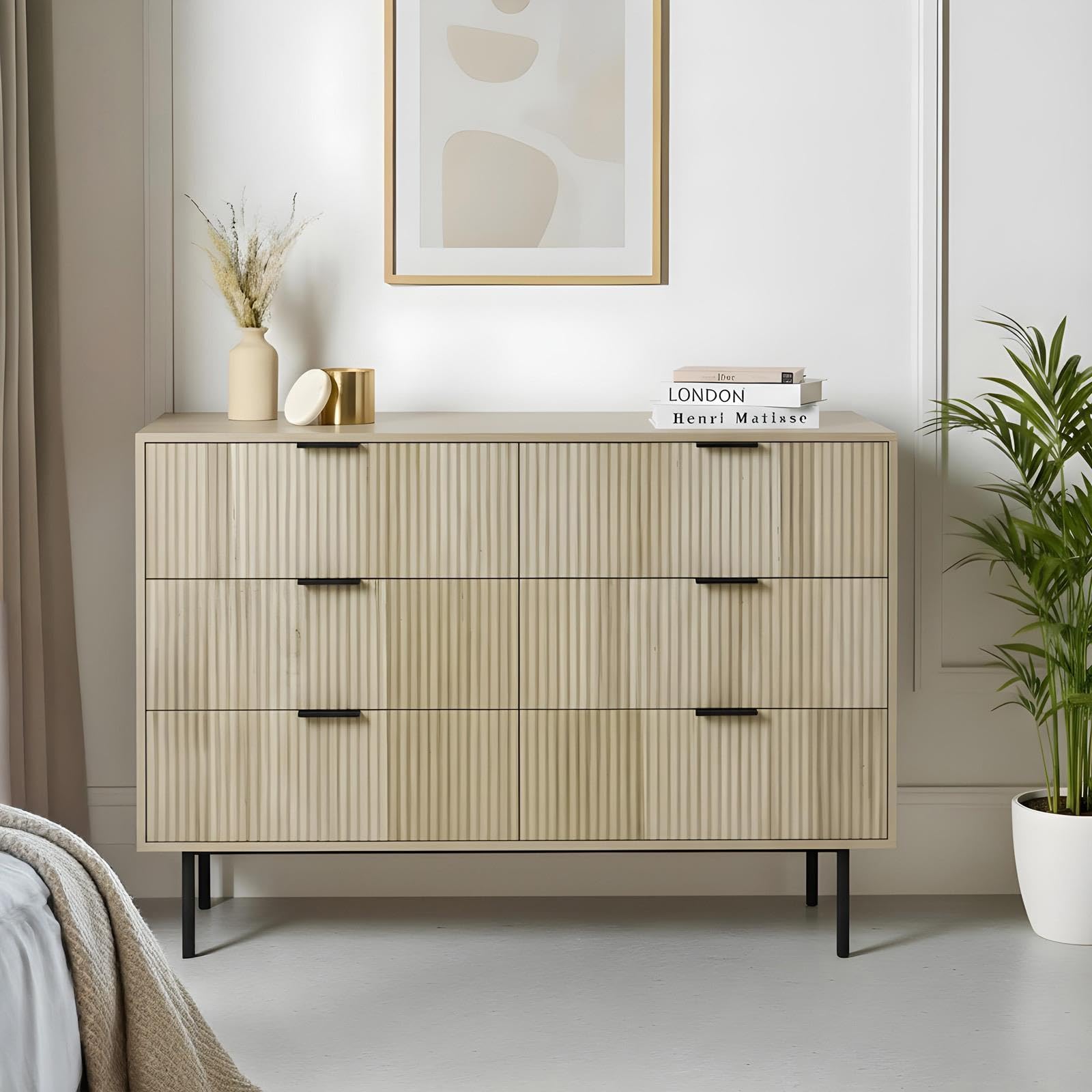 OHS 6 Drawer Chest of Drawers Bedroom Ribbed, Space Saving Storage Wooden Cabinet with Metal Handles Storage Drawers Dresser for Bedroom Living Room Office, Light Wood