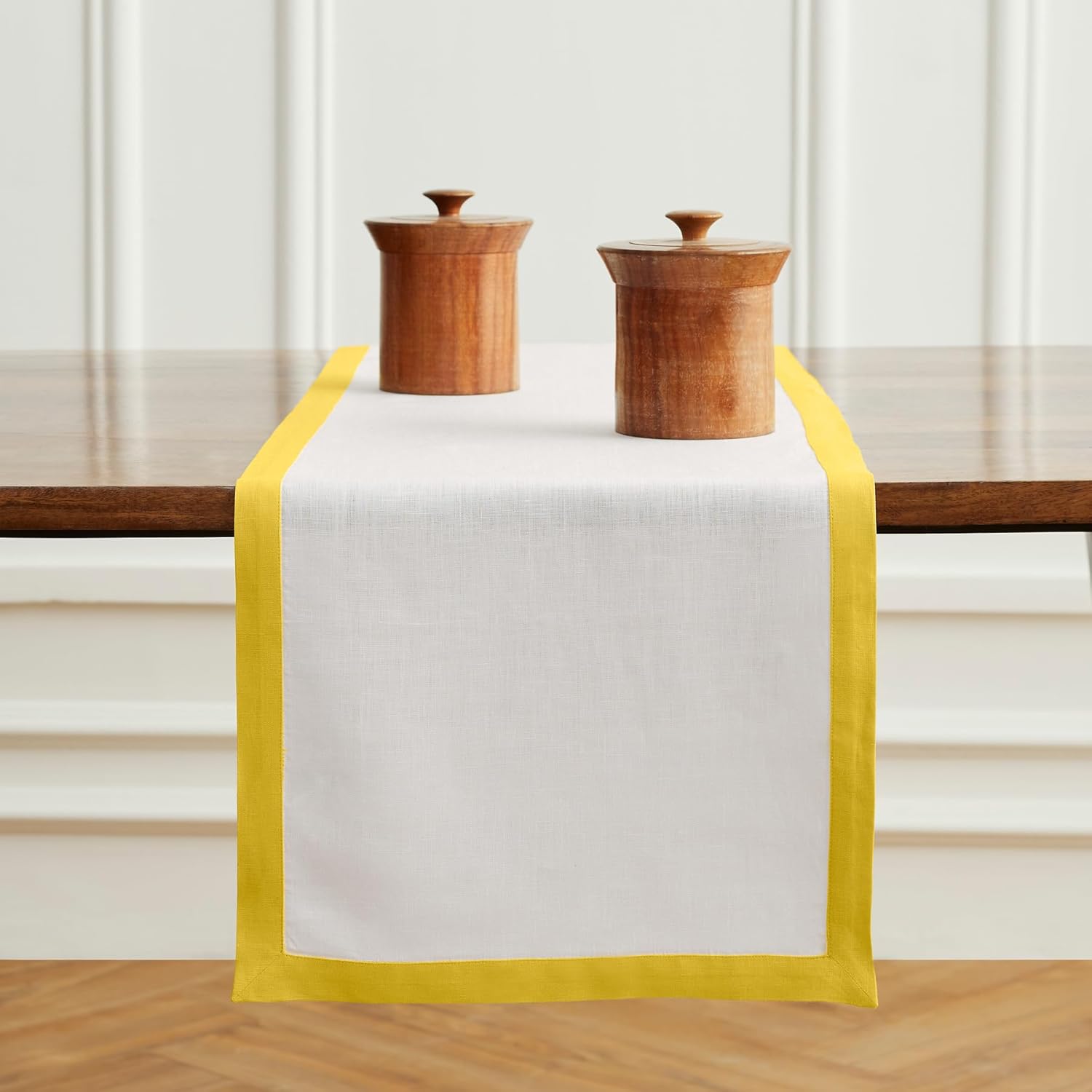Solino Home Linen Table Runner 90 Inches Long - 100% Pure Linen Sunshine Yellow and White Dining Table Runner 14 x 90 Inch - Classic
