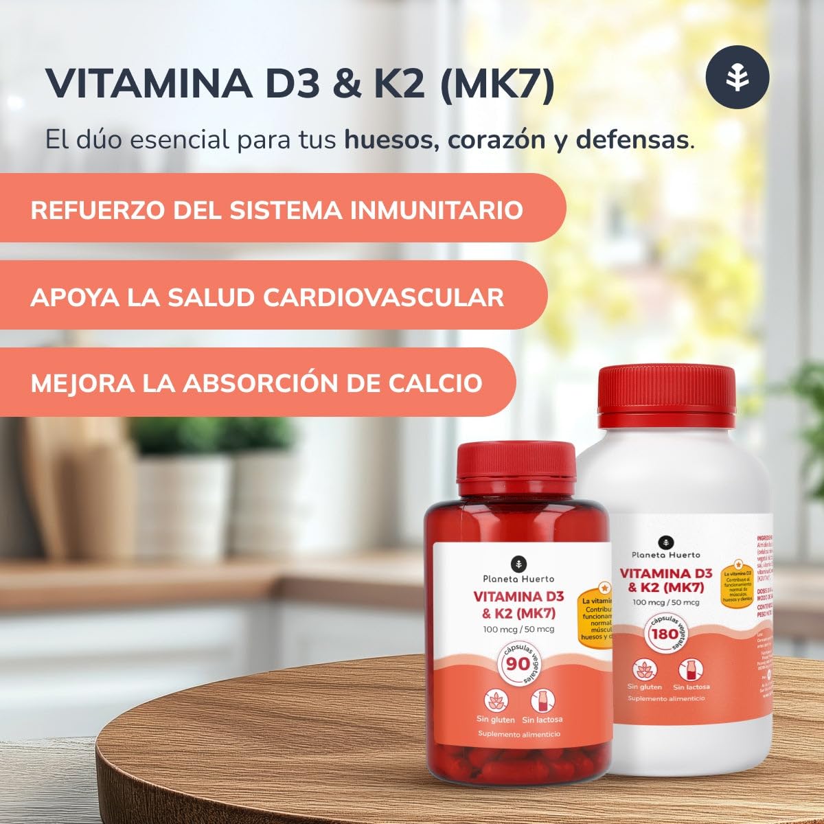 PLANETA HUERTO | Pack 3x Vitamina D3 4000 UI & K2 MK7 180 Cápsulas – Vitamina Suplemento para Huesos Fuertes, Absorción de Calcio y Salud Cardiovascular