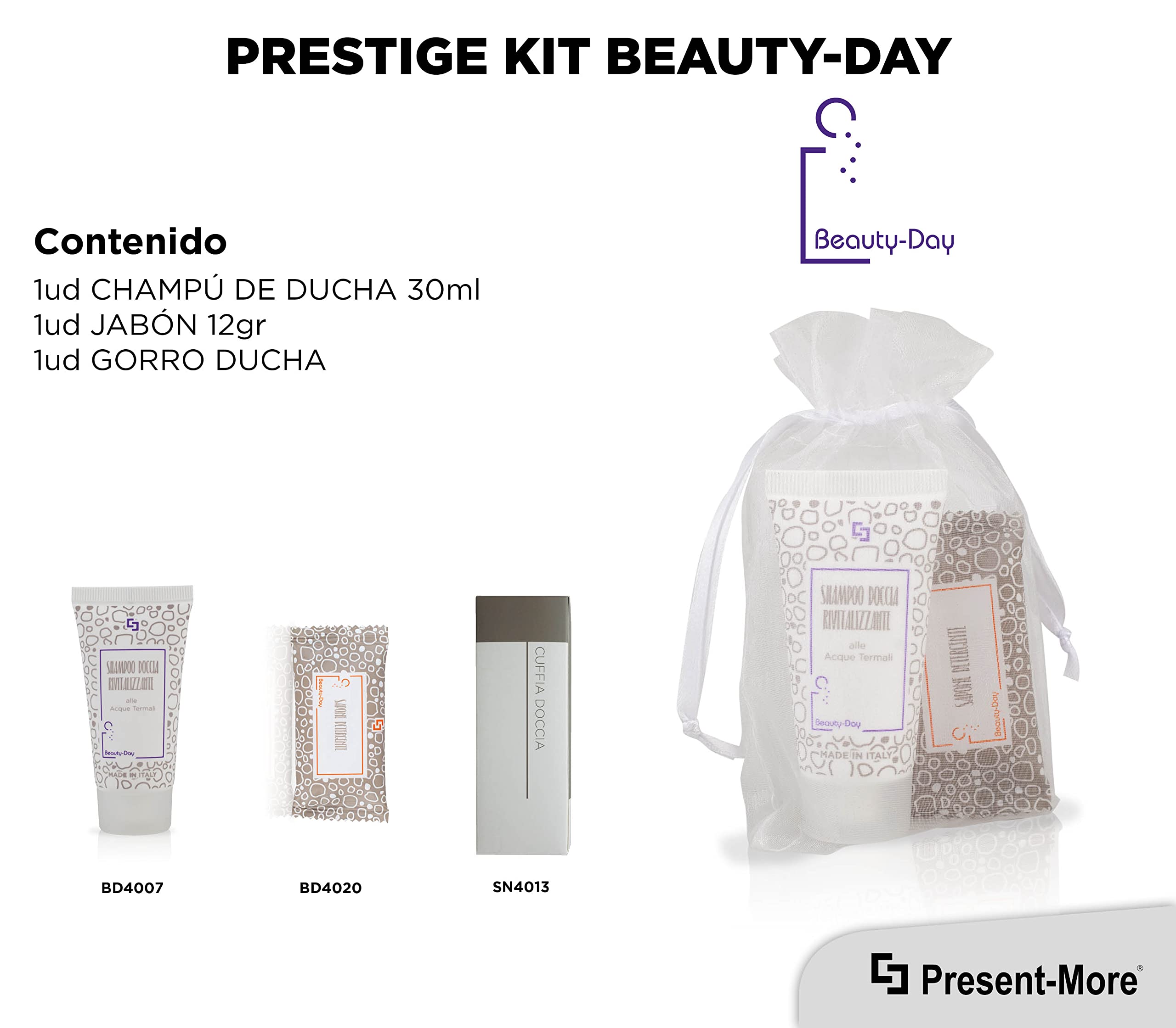 Present-More Amenities baño Beauty-Day Italy - Prestige Kit Línea de cortesía huéspedes de Hoteles y B&B | Amenities baño sin alérgenos con fragancia Ylang Ylang