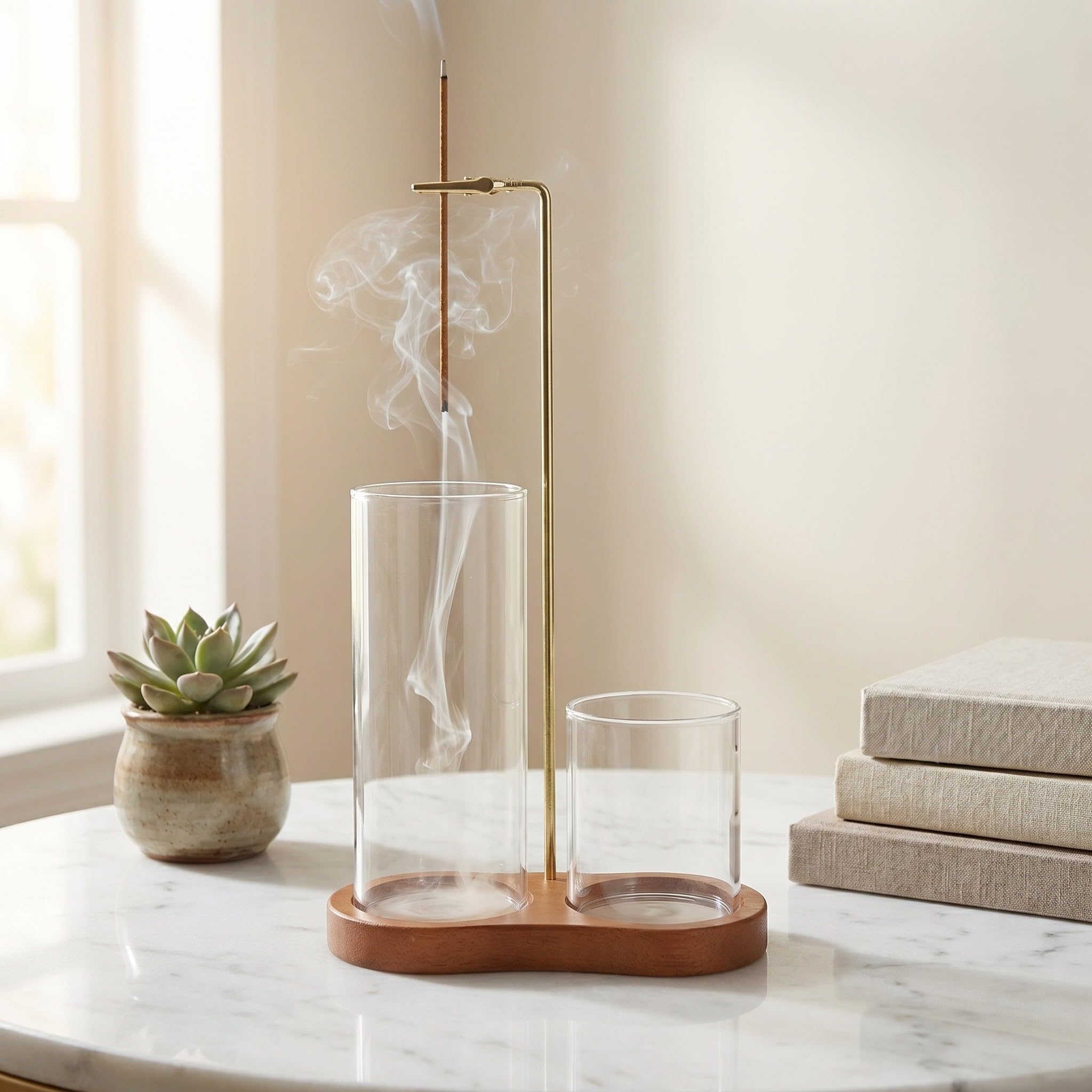 Operitacx 2 Juegos Porta Incienso Materiales de Madera, Vidrio y Hierro de Madera Invertido con Temporizador Diseño Moderno y Función de Almacenamiento Integrado para Yoga y Relajación