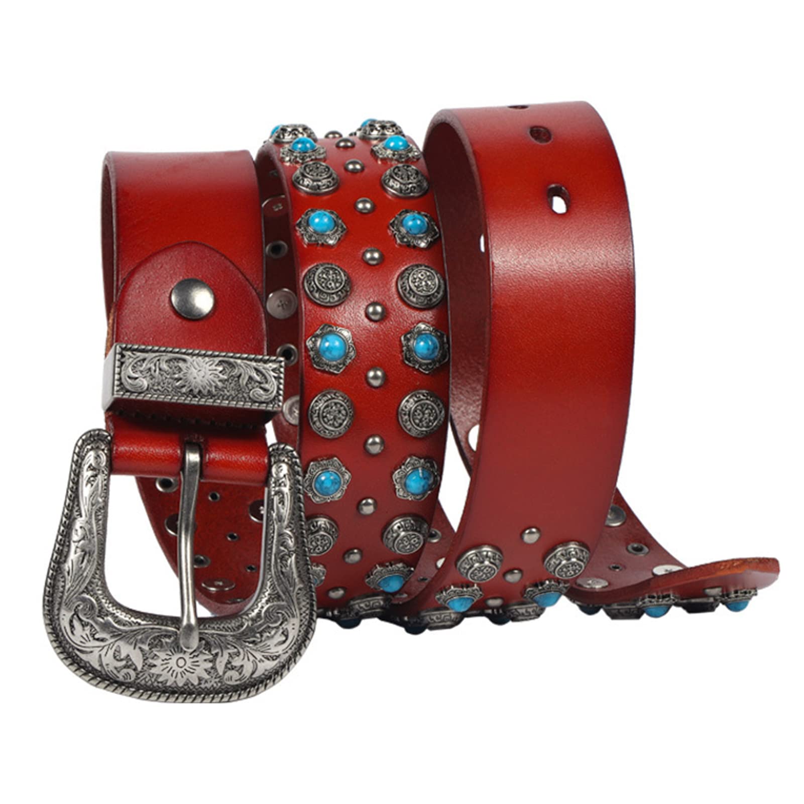 Cinturón de cuero con remaches RBUDSPOLF de 38 mm estilo punk rock para vaqueros en rojo