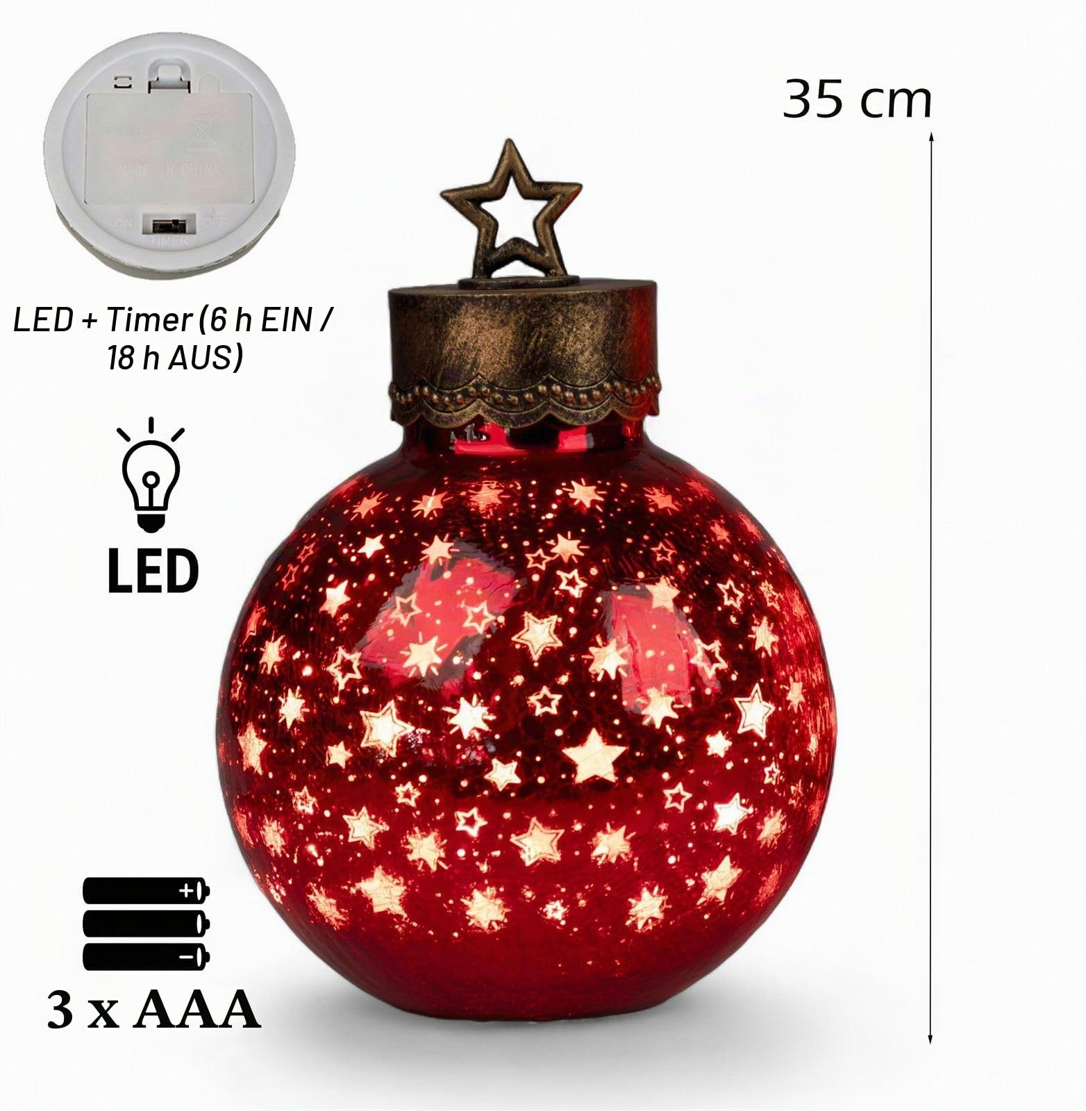 formano XXL LED Deko-Kugel 35 cm Sterne Rot Glaskugel Timer 6h / 18h beleuchtet - Batteriebetrieben - Herbst Winter Weihnachtsdeko für Tisch Regal Fensterbank