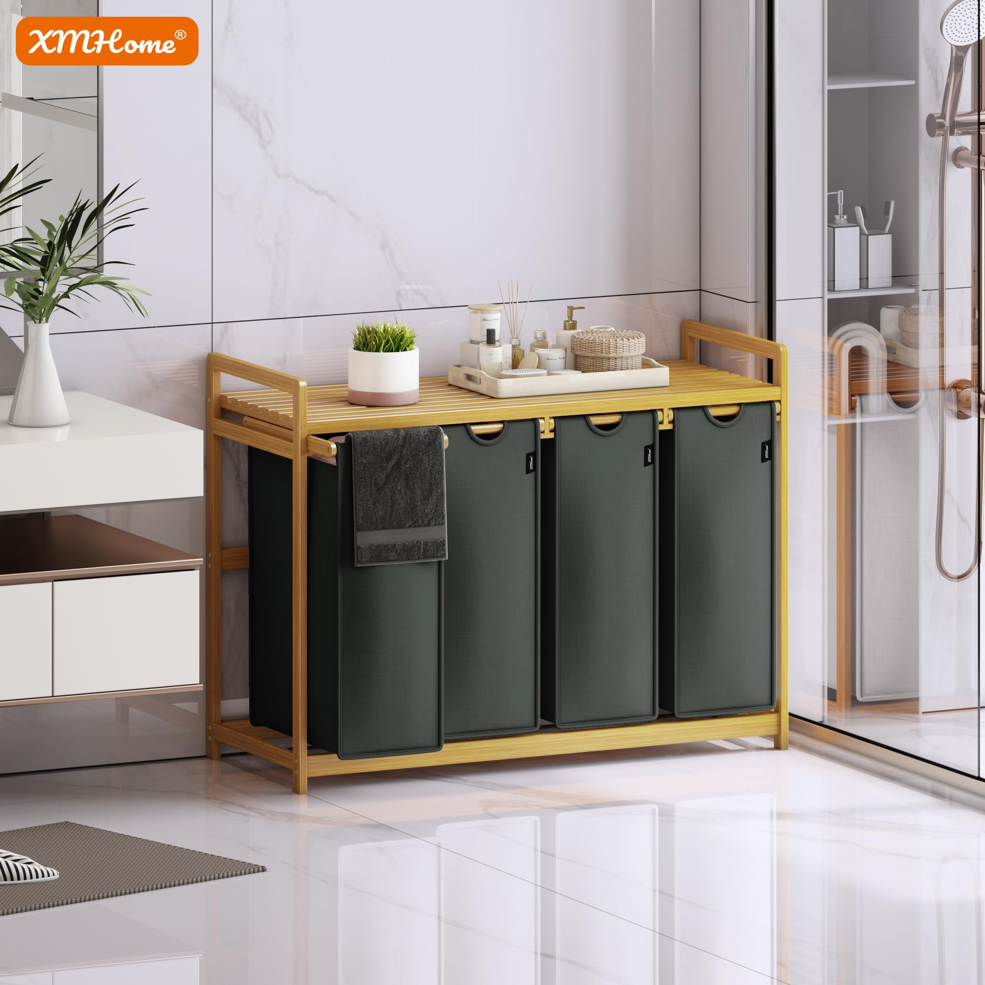 XMHome Panier à Linge 198 L à 4 Compartiments Avec étagère à Couche