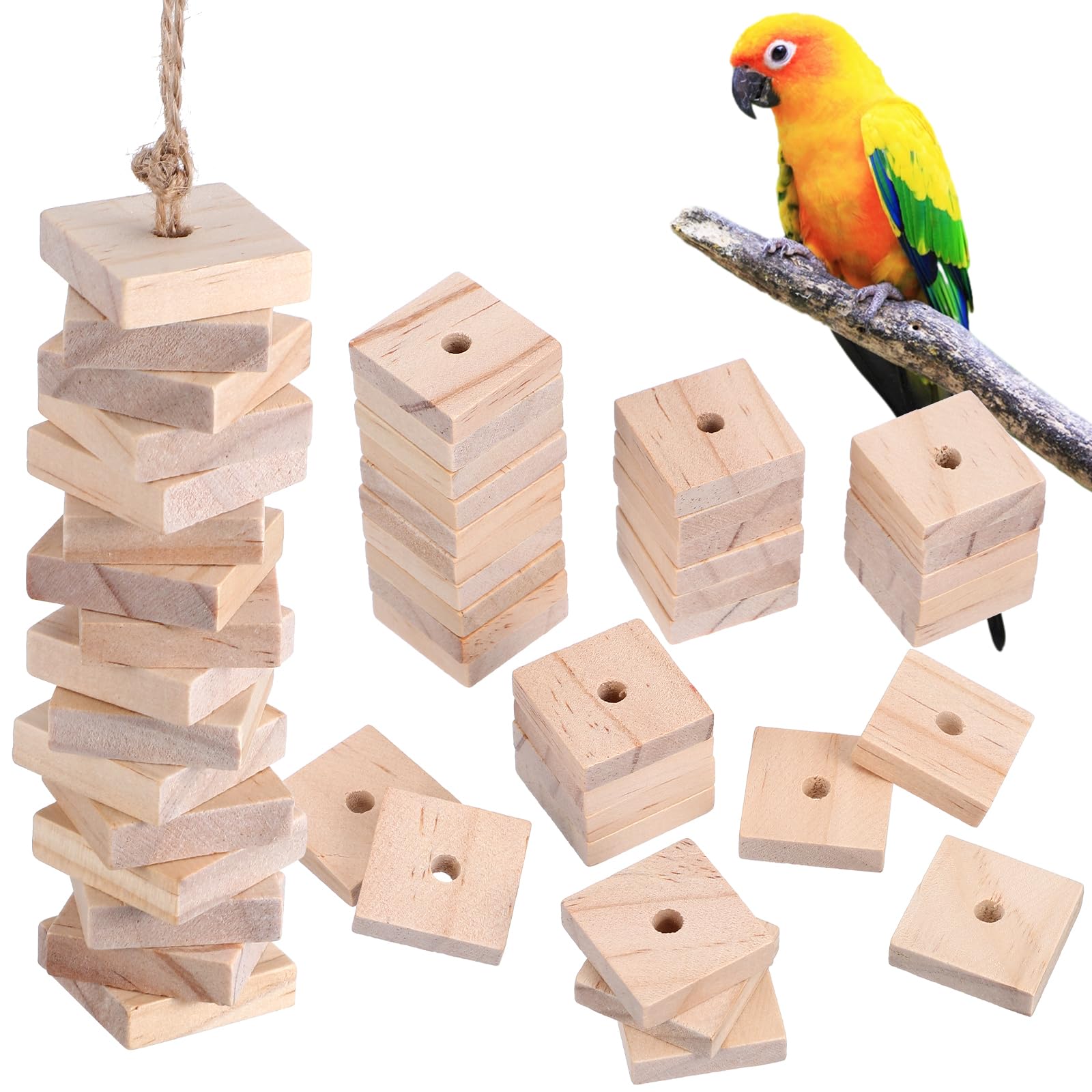 NOLITOY Parrot Toys: 100PCS Wooden Chewing Blocks, Thick Natural Wood for Bird Chew Training, DIY Cage Toys for Parakeet Budgie Conure Macaw Cockatoo