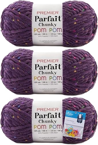 Premier Yarns Parfait - Ovillo de pompón grueso, 3.5 onzas, #6 súper voluminoso, paquete de 3 unidades con marcadores de puntada Bella's Crafts (luz