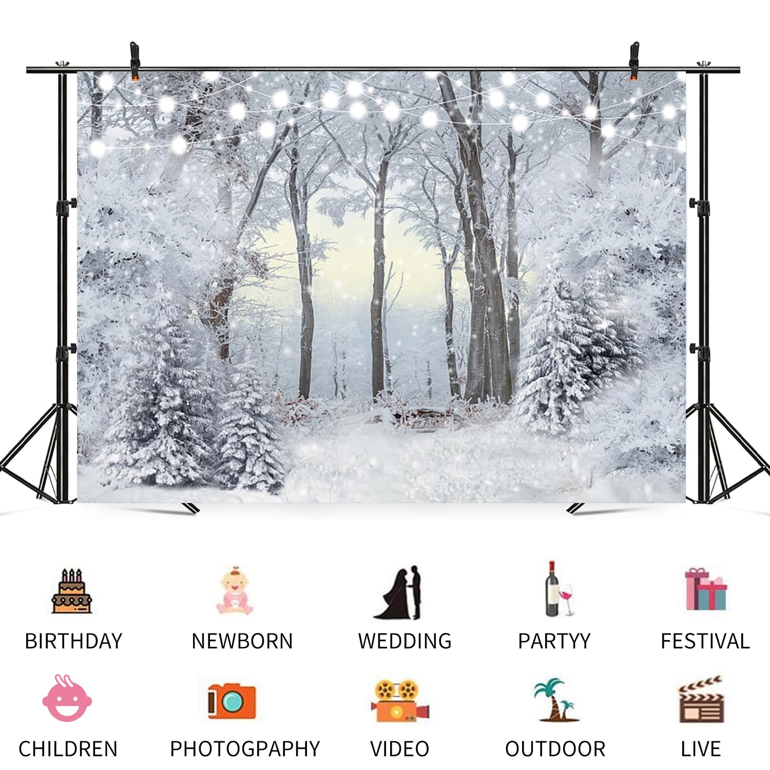 Toile de fond de Noël paysage enneigé pour photographie, fond blanc, sapin enneigé, flocon de neige, bannière à paillettes, décoration de Noël, Nouvel An, vacances, fête, accessoire de