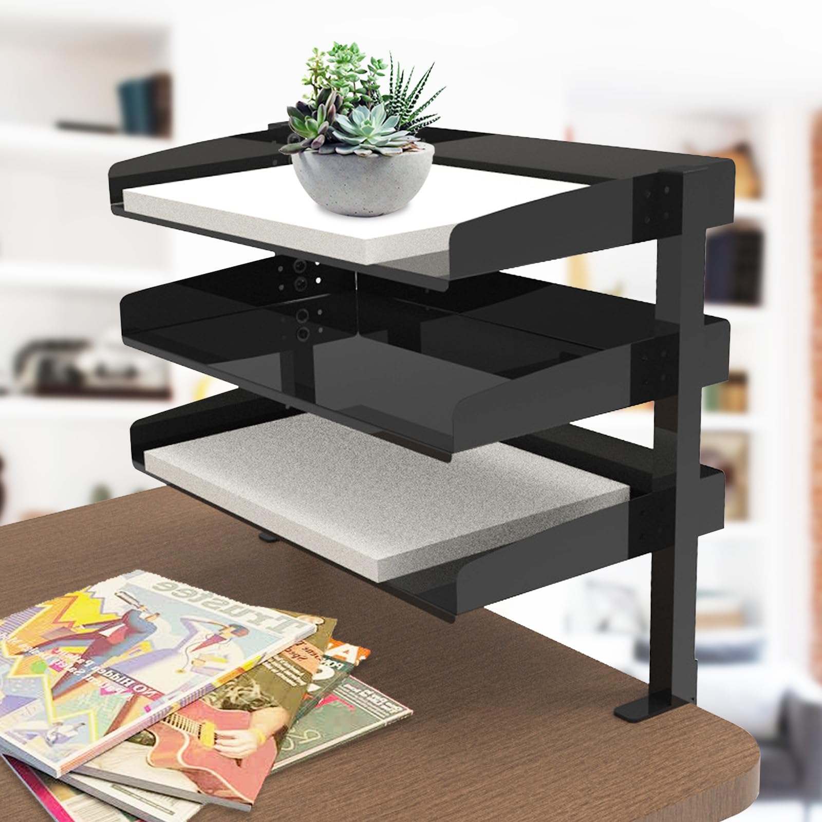 Étagère de bureau à clipser - Cadre de table à 3 niveaux - Noir - Pour la maison, le bureau et l'école (44 x 22 x 39 cm)
