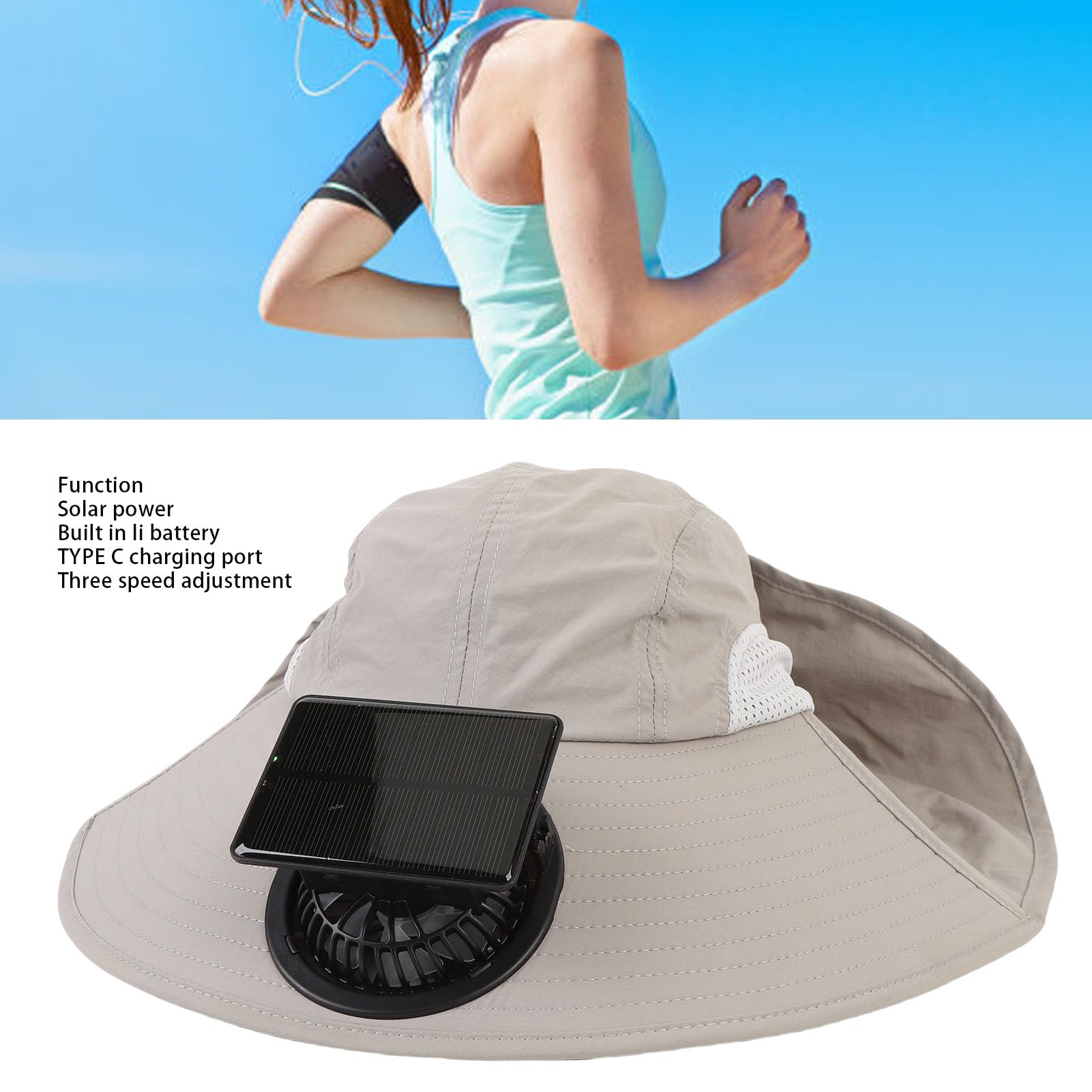FTVOGUE Cappello Ventaglio Cappello Sole con Ventola Solare a Tesa Larga Ricaricabile Tramite USB Regolabile per Pesca Spiaggia Sport all'aria Aperta Tessuto in Poliestere di Cotone Grigio Chiaro