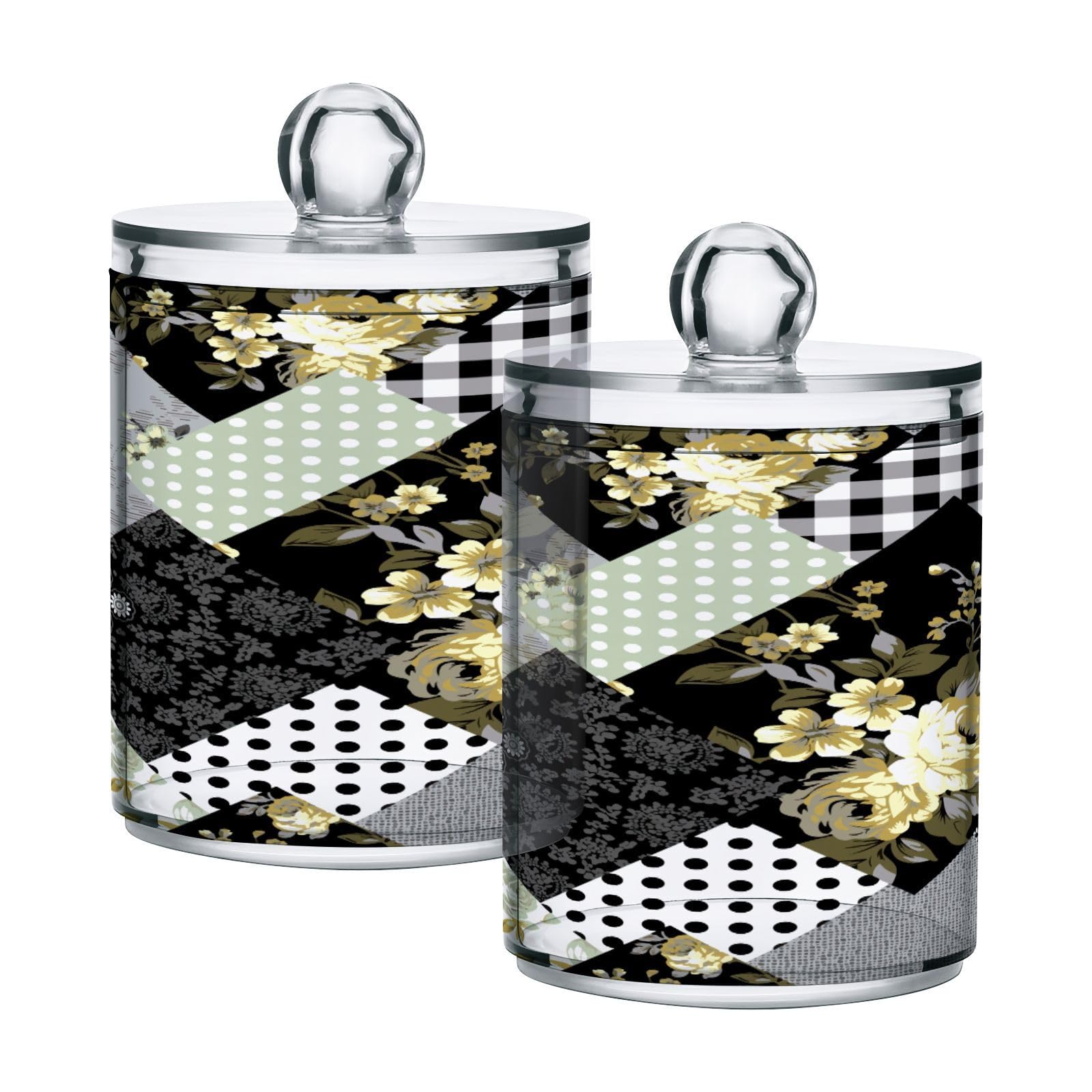 Patchwork-squares-yellow-flowers Restroom Bathroom Organizers with Lid Qtip Holder Dispenser Apothecary Jars Cotton Balls Pads Swabs Holder Jar 4