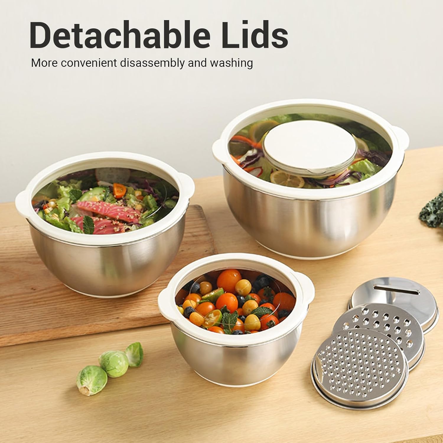 Stainless Steel Mixing Bowls, 3PCS Set with Lids and Non Slip Silicone Base, Includes 3 Grater Attachments for Food Prep, Baking and Serving (304 Stainless Steel Bowl 3 Piece Set)