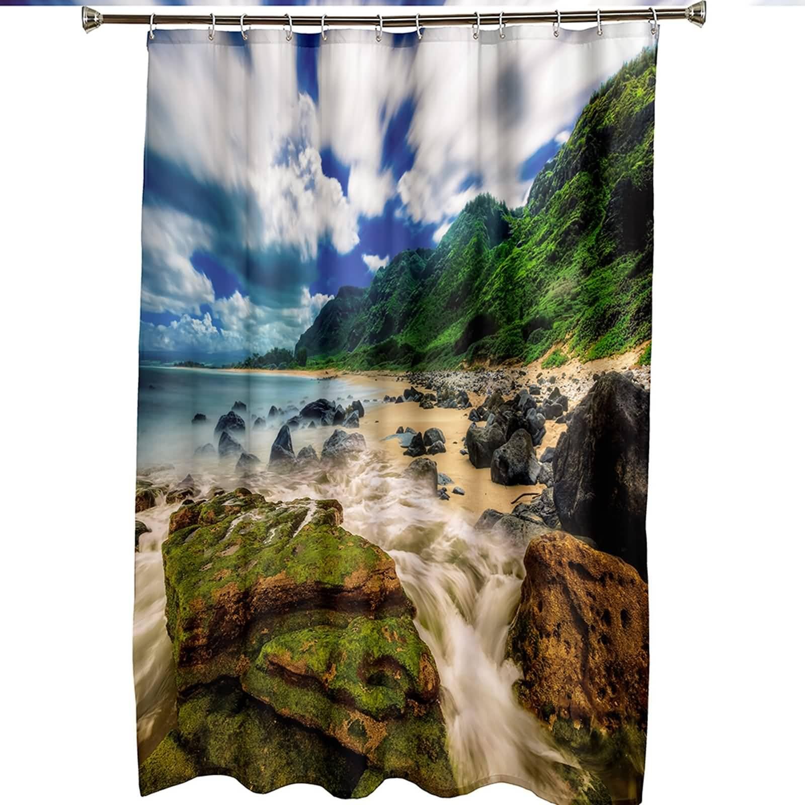 Tenda Doccia Anti Muffa, Poliestere Blu verde Paesaggio montano costiero Tenda doccia per bagno vasca da bagno, 165x200cm