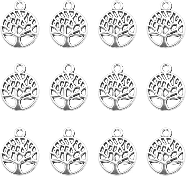 100Pcs Tree of Life Pendants Tree Charms Pendant Metal Round Charms Zinc Alloy Jewelry Crafting Supplies for DIY Making Crafts Necklace Bracelet Silver