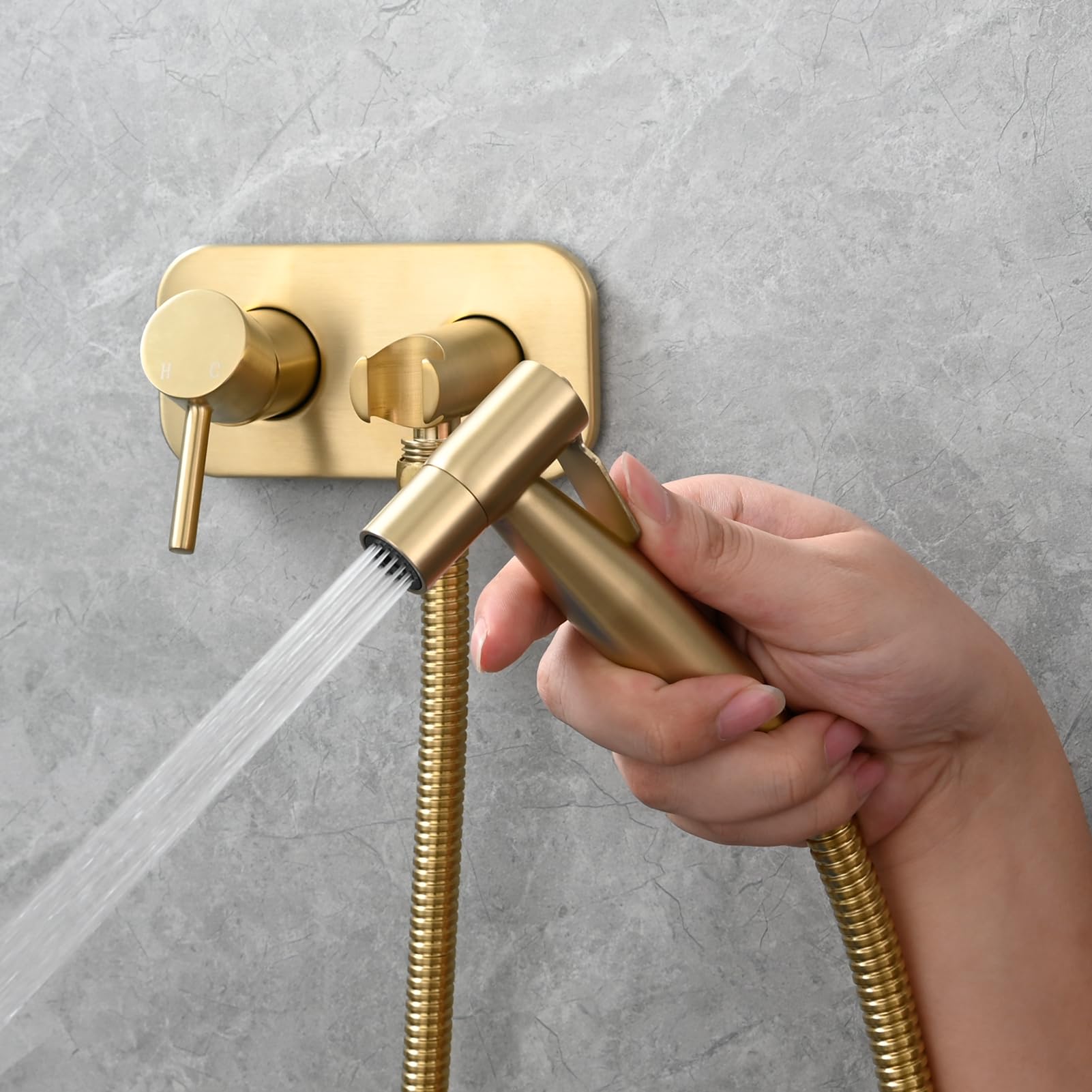 Tecmolog Acier Inoxydable Douchette WC Kit en Bidet Portable Tuyau de Douche Eau Chaude et Eau Froide Bidet Toilette Kit Complet, Or Brossé, WS024J2F2