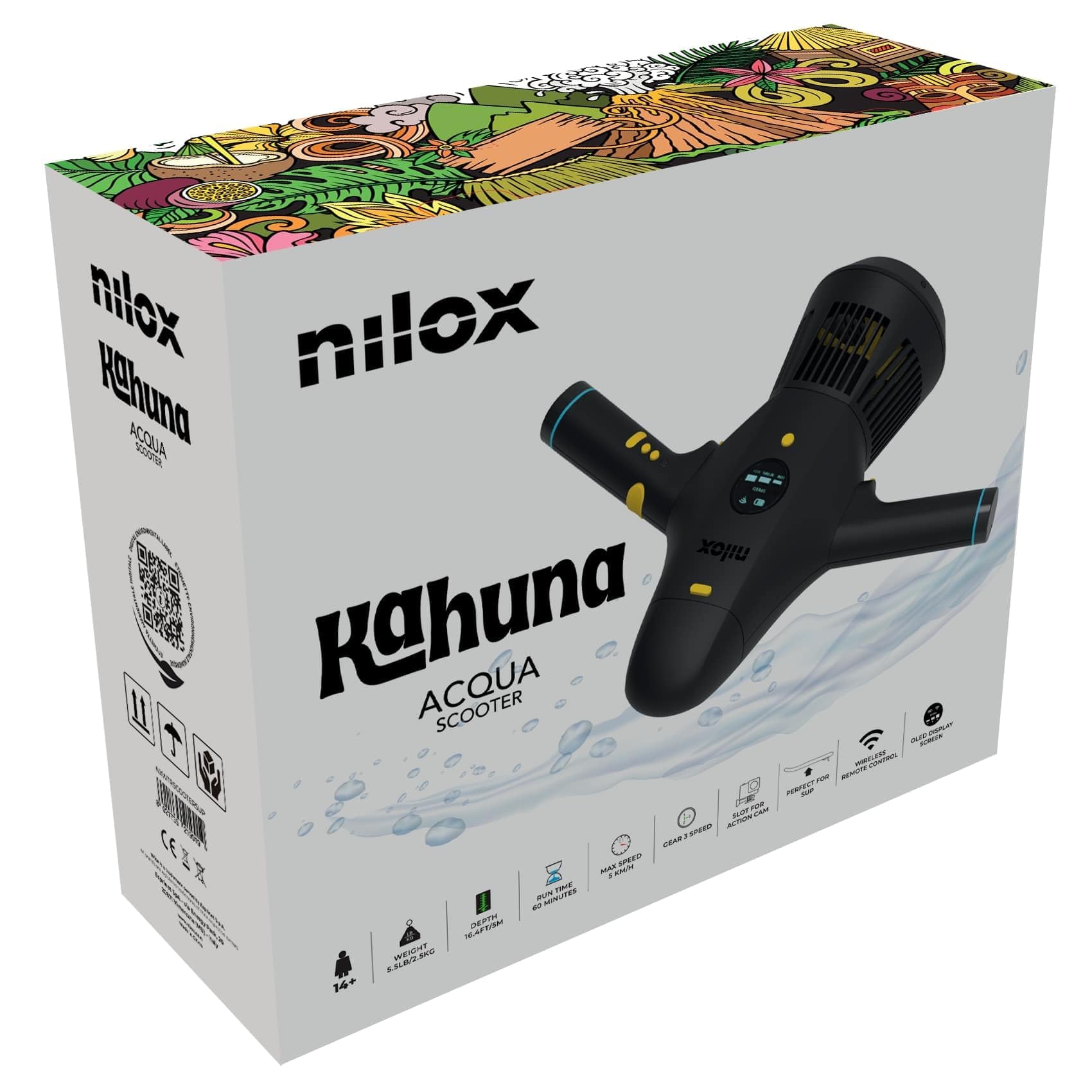 Nilox Waterscooter, Agua Scooter eléctrico para Sup y Buceo hasta 5 m de Profundidad, hasta 60 min de Uso, 2 velocidades hasta 5 km/h, fácil de Transportar, Color Negro