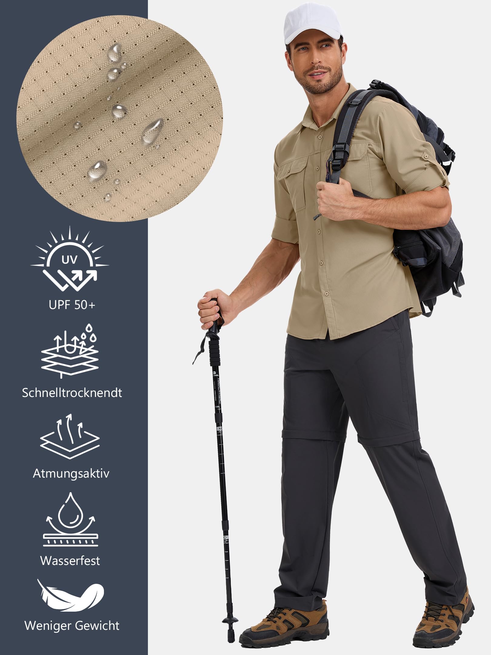 Safari koszula męska, UPF50+, ochrona przed promieniowaniem UV, koszula outdoorowa, męska, koszula funkcyjna, oddychająca, szybkoschnąca, koszula rekreacyjna, zapinana na guziki