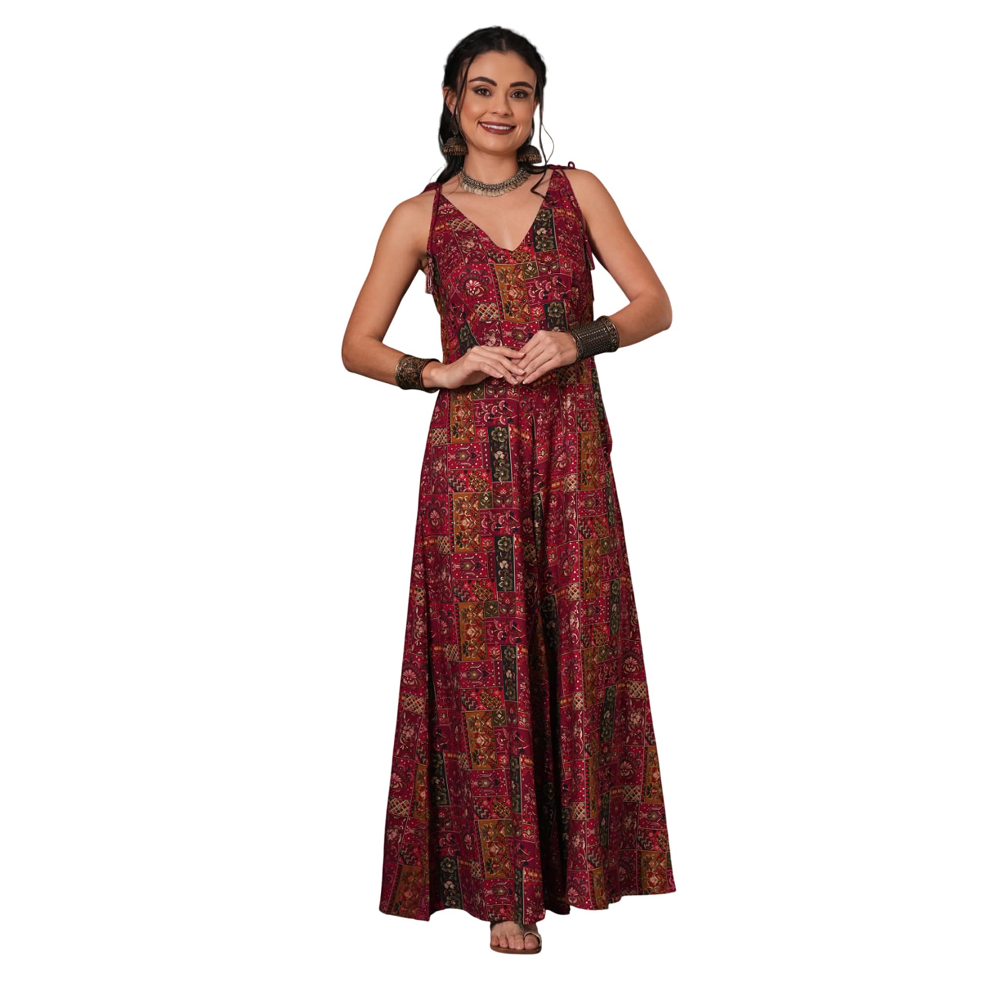 globus Women V-Neck Tassel Tie-Up Shoulder Straps Ethnic Floral Print Flared Fusion Jumpsuit-picture-44