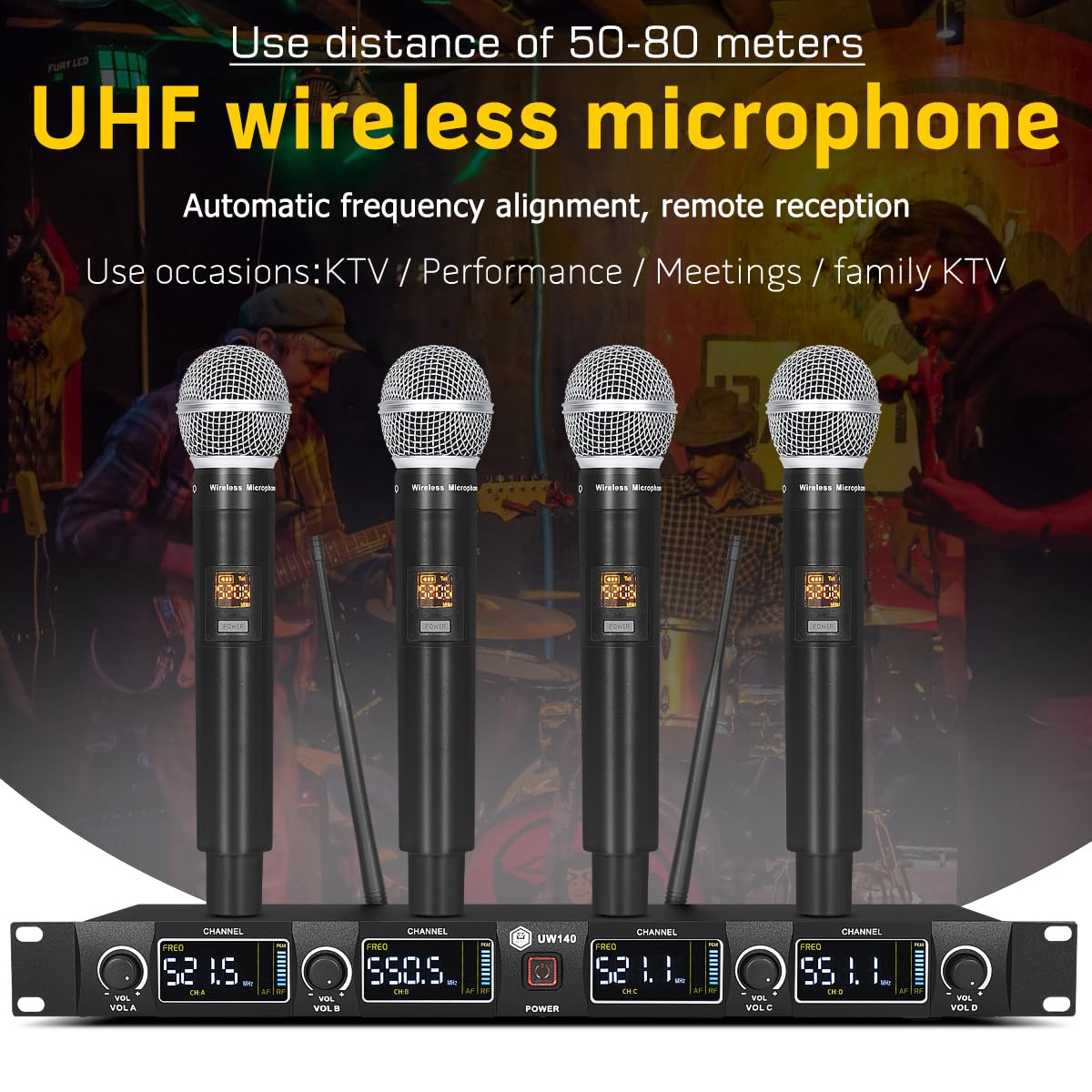W IN-MIX UW140 bezprzewodowy system mikrofonowy, 4-kanałowy bezprzewodowy zestaw mikrofonów UHF z czterema mikrofonami ręcznymi, regulowana częstotliwość, duży zasięg, 79 m, idealny do kościoła