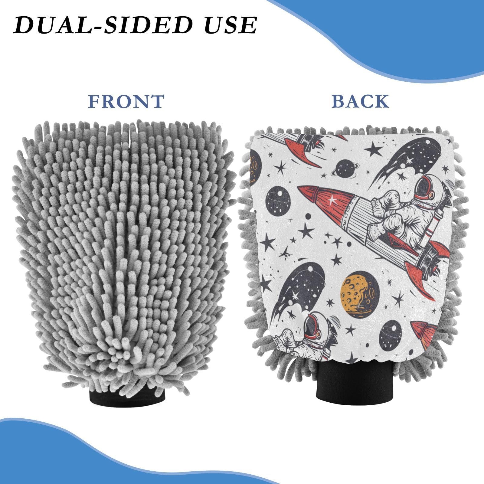 ALAZA Astronaut Rocket Stars Car Wash Mitt Scratch Free, 2 Pack Absorbent Microfiber/Chenille Washing & Drying Mitts, M
